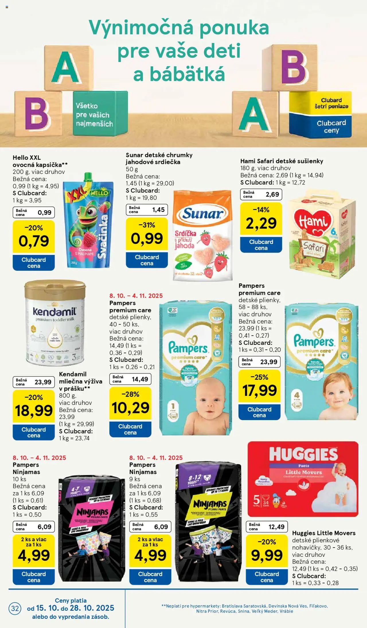 Nové Tesco akcie – leták je platný od 15.10.2025 | Strana: 32 | Produkty: Pampers Premium Care, Nohavičky, Plienky, Pampers