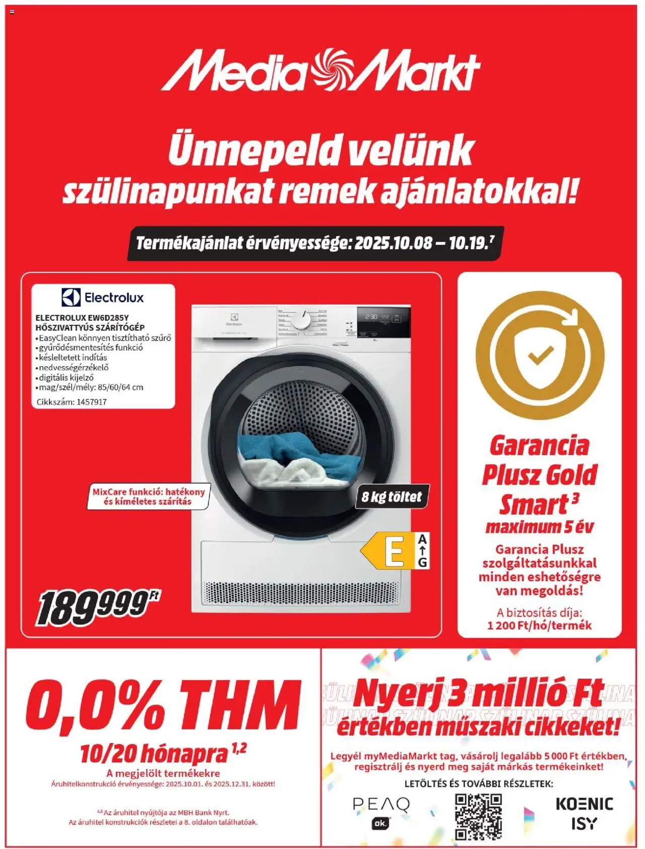 Media Markt akciós ujság - amely érvényes a következő dátumtól: 08.10.2025 | Oldal: 1 | Termékek: Szárítógép