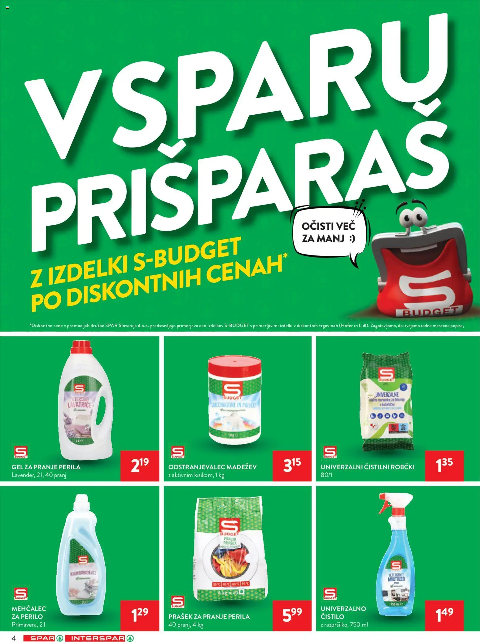 Novi Spar katalog ponudbe – veljaven od 21.01.2026 | Stran: 4 | Izdelki: Prašek, Pralni prašek, Robčki, Odstranjevalec madezev