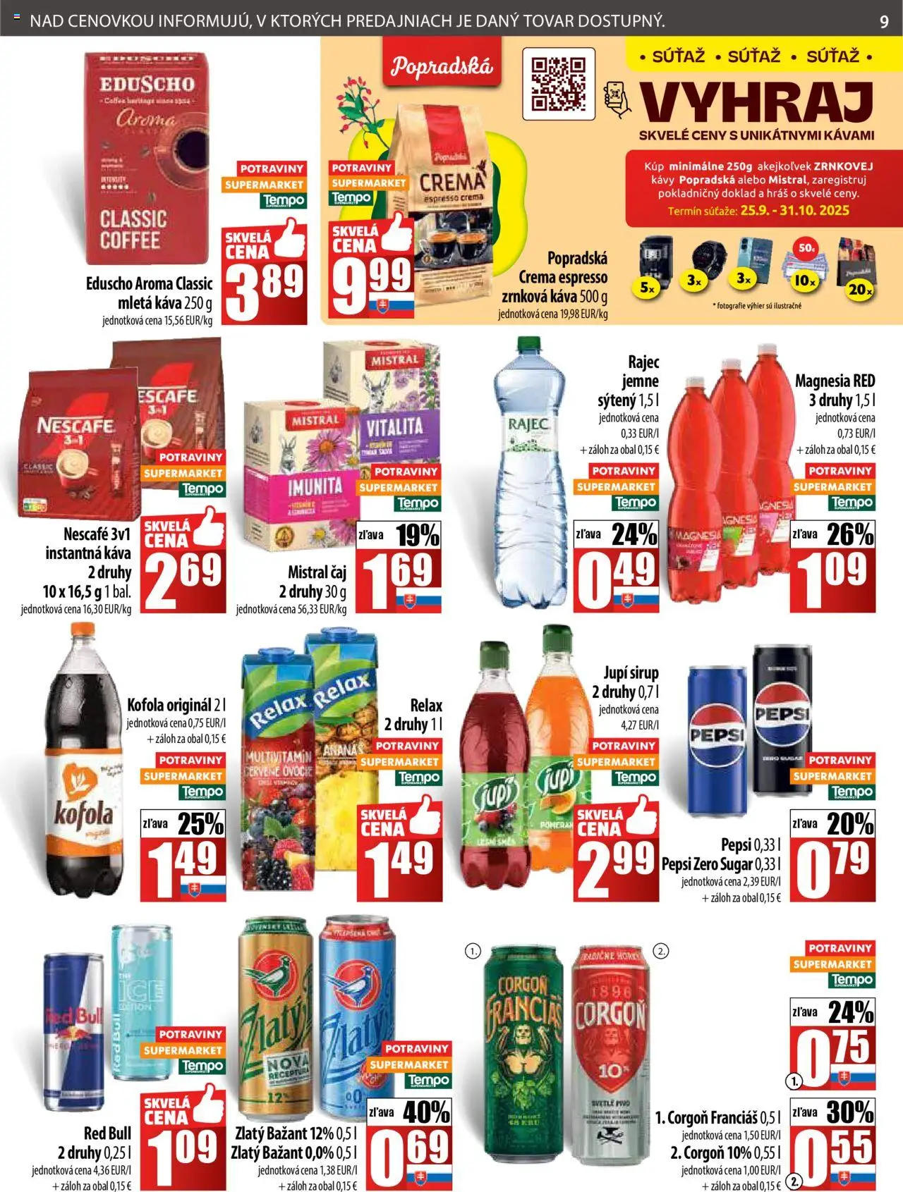 Nové COOP Jednota akcie – leták je platný od 25.09.2025 | Strana: 9 | Produkty: Rajec, Red Bull, Kofola, Zrnková káva