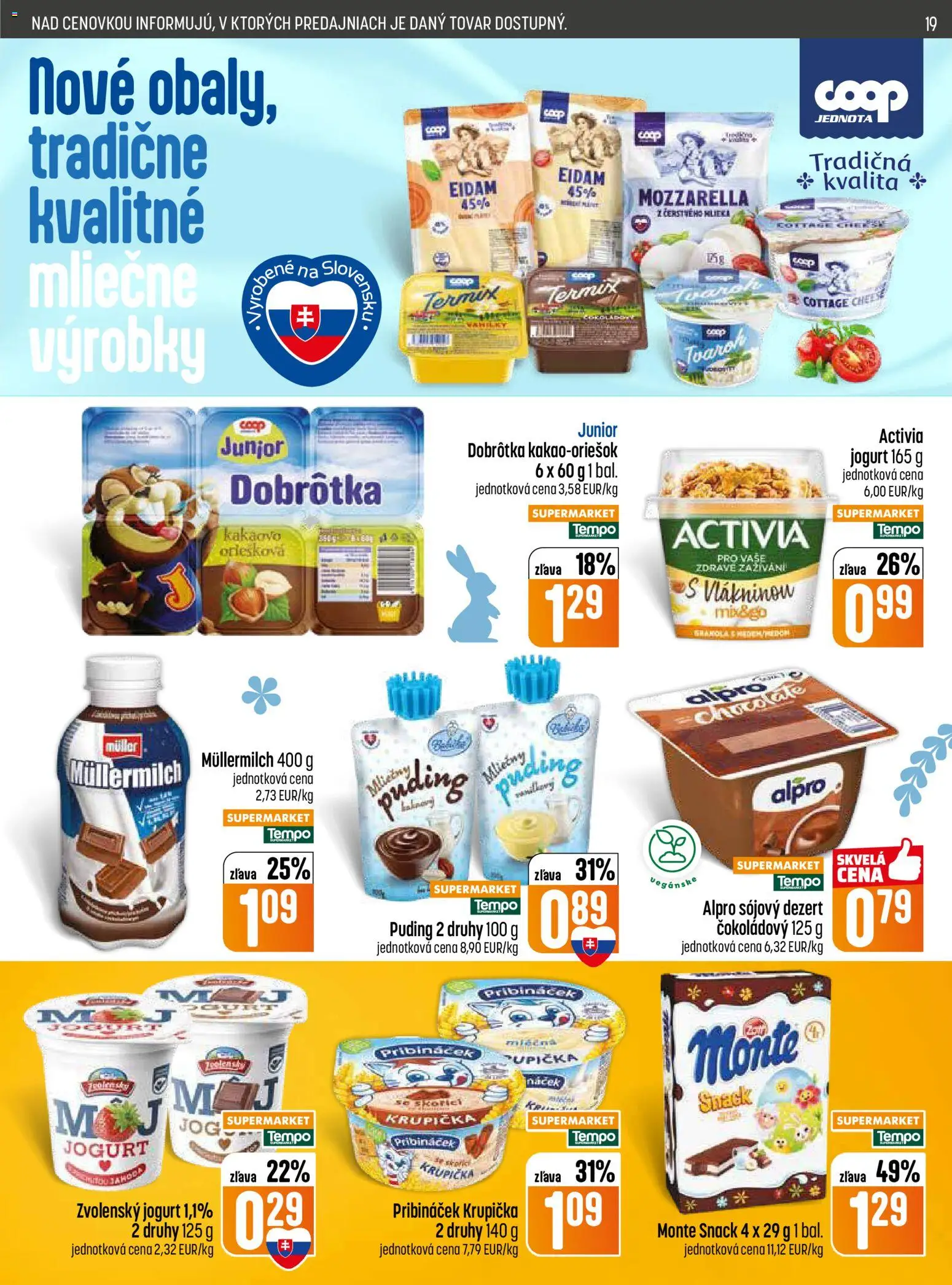 Nové COOP Jednota akcie – leták je platný od 26.03.2026 | Strana: 19 | Produkty: Jogurt, Eidam, Mozzarella, Alpro