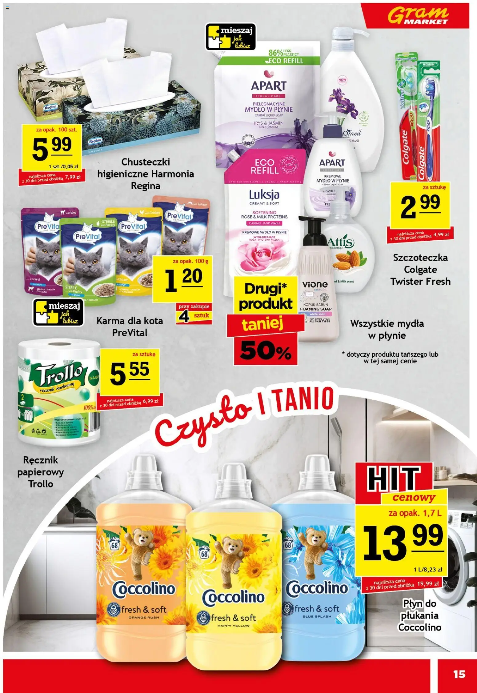 Gram Market Gazetka od 07.01.2026 | Strona: 15 | Produkty: Mydło w płynie, Coccolino, Karma dla kota, Ręcznik papierowy