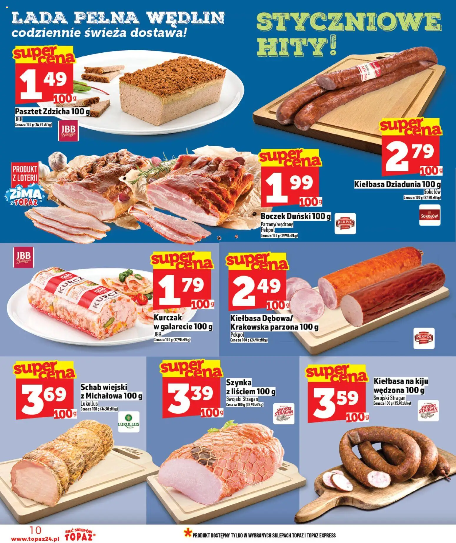 Topaz Gazetka MAZ od 15.01.2026 | Strona: 10 | Produkty: Kiełbasa, Kurczak, Szynka, Boczek