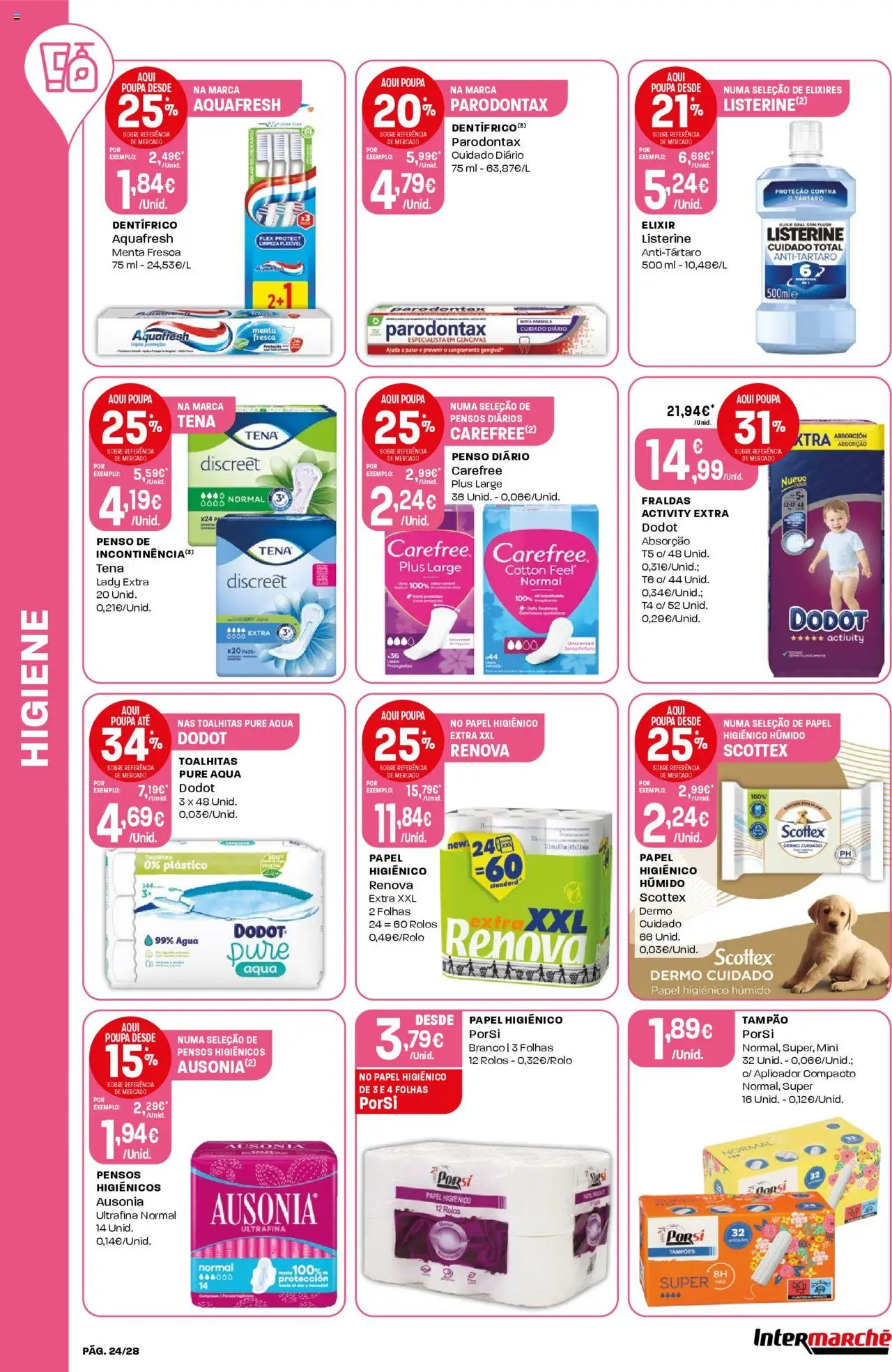 Intermarché folheto │ válido de 03.07.2025 | Página: 24 | Produtos: Agua, Papel higiénico, Pensos higiénicos, Fraldas
