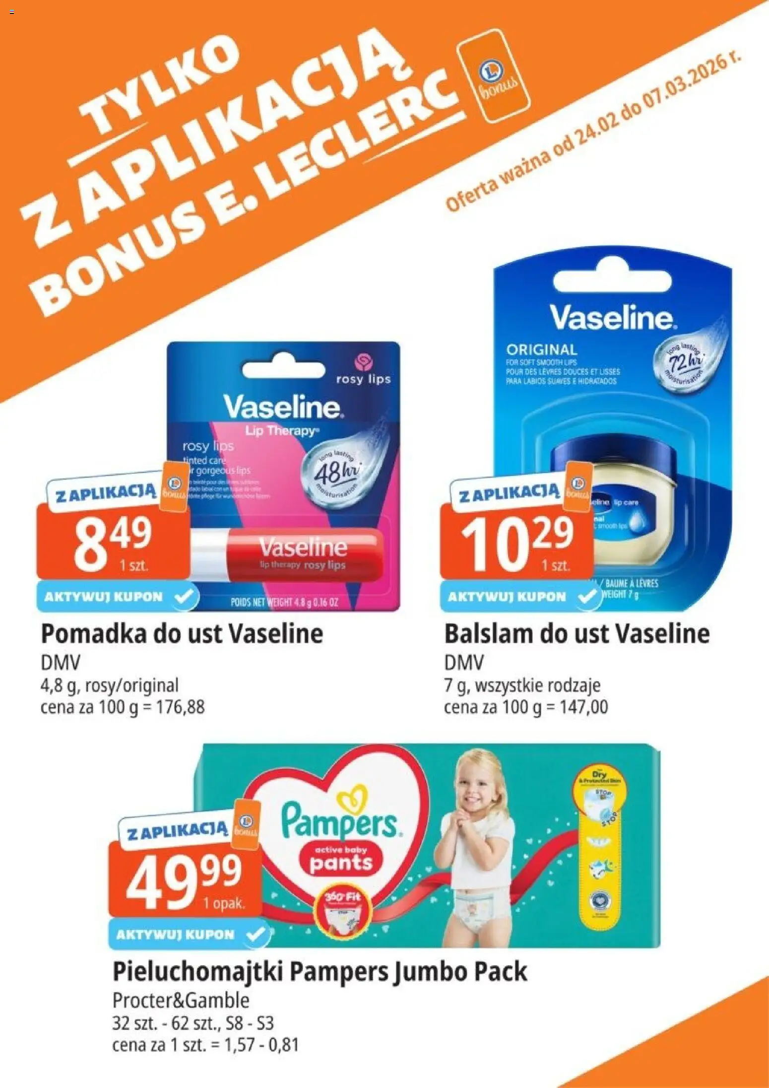E.Leclerc Gazetka - Kupony dodatkowe od 24.02.2026 | Strona: 24 | Produkty: Pampers, Pieluchomajtki, Pomadka, Pomadka do ust