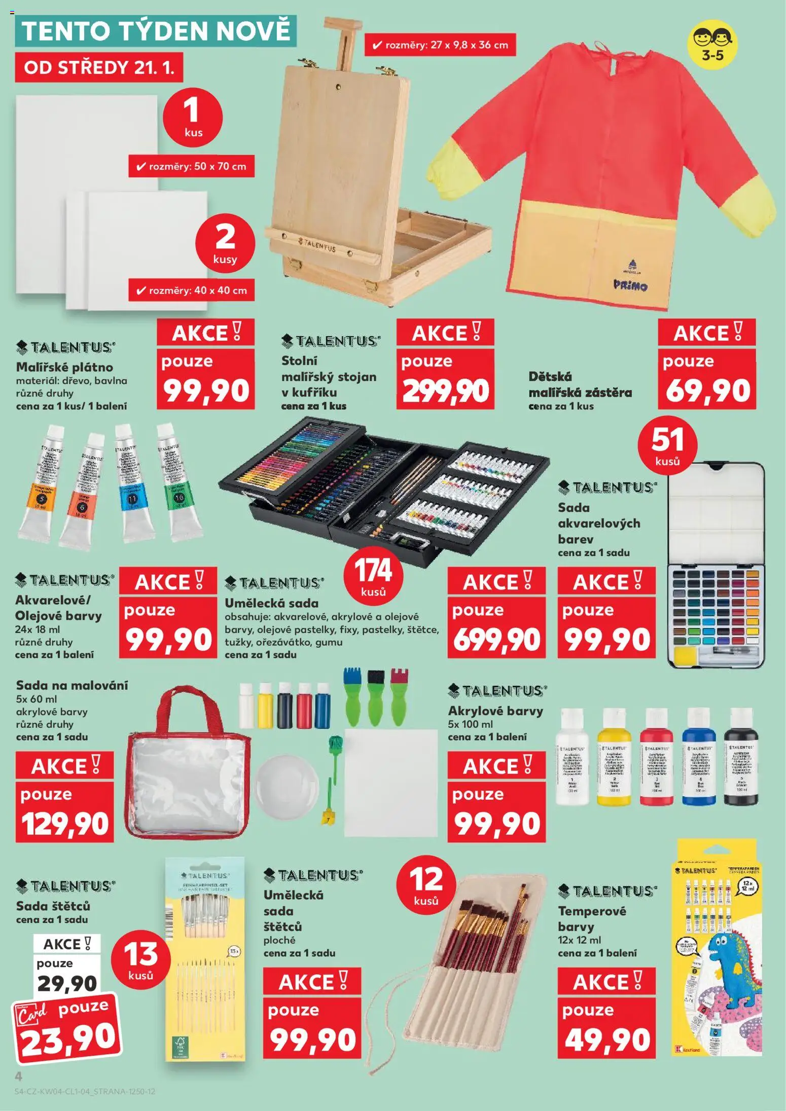 Kaufland leták - Praha 8 od 21.01.2026 | Strana: 4 | Produkty: Akrylové barvy, Malířské plátno, Malířský stojan, Talentus