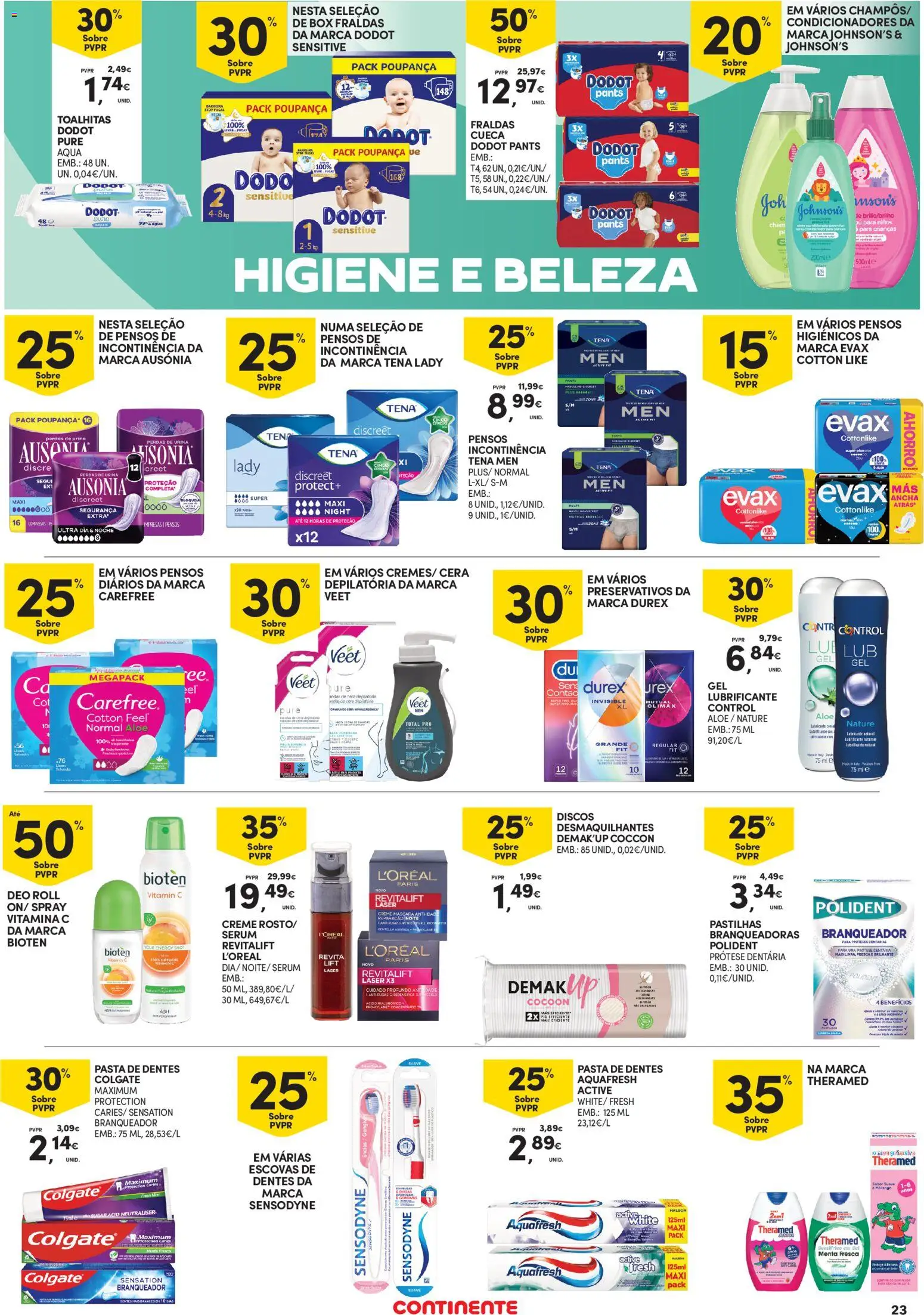 Continente - Açores │ válido de 19.02.2026 | Página: 23 | Produtos: Pensos higiénicos, Preservativos, Pasta de dentes, Vitamina c