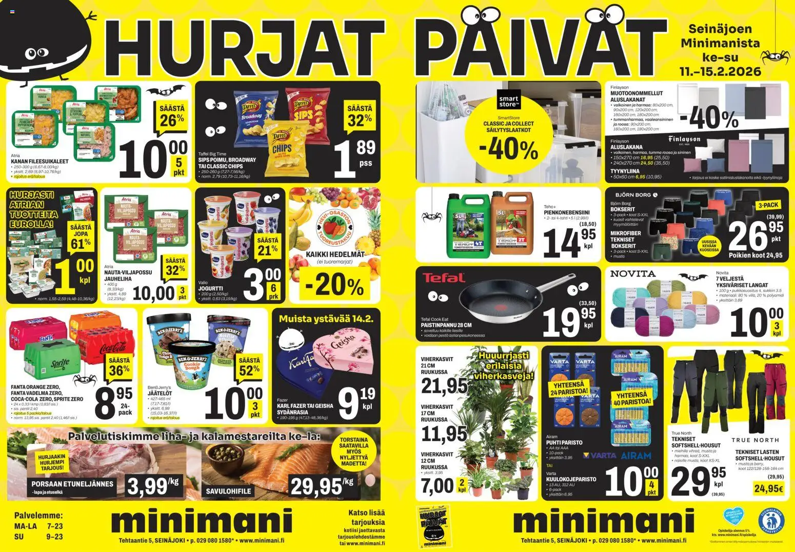 Minimani Tarjoukset - Seinäjoki – voimassa 11.02.2026 alkaen | Sivu: 1 | Tuotteet: Jauheliha, Bokserit, Fanta, Tyynyliina