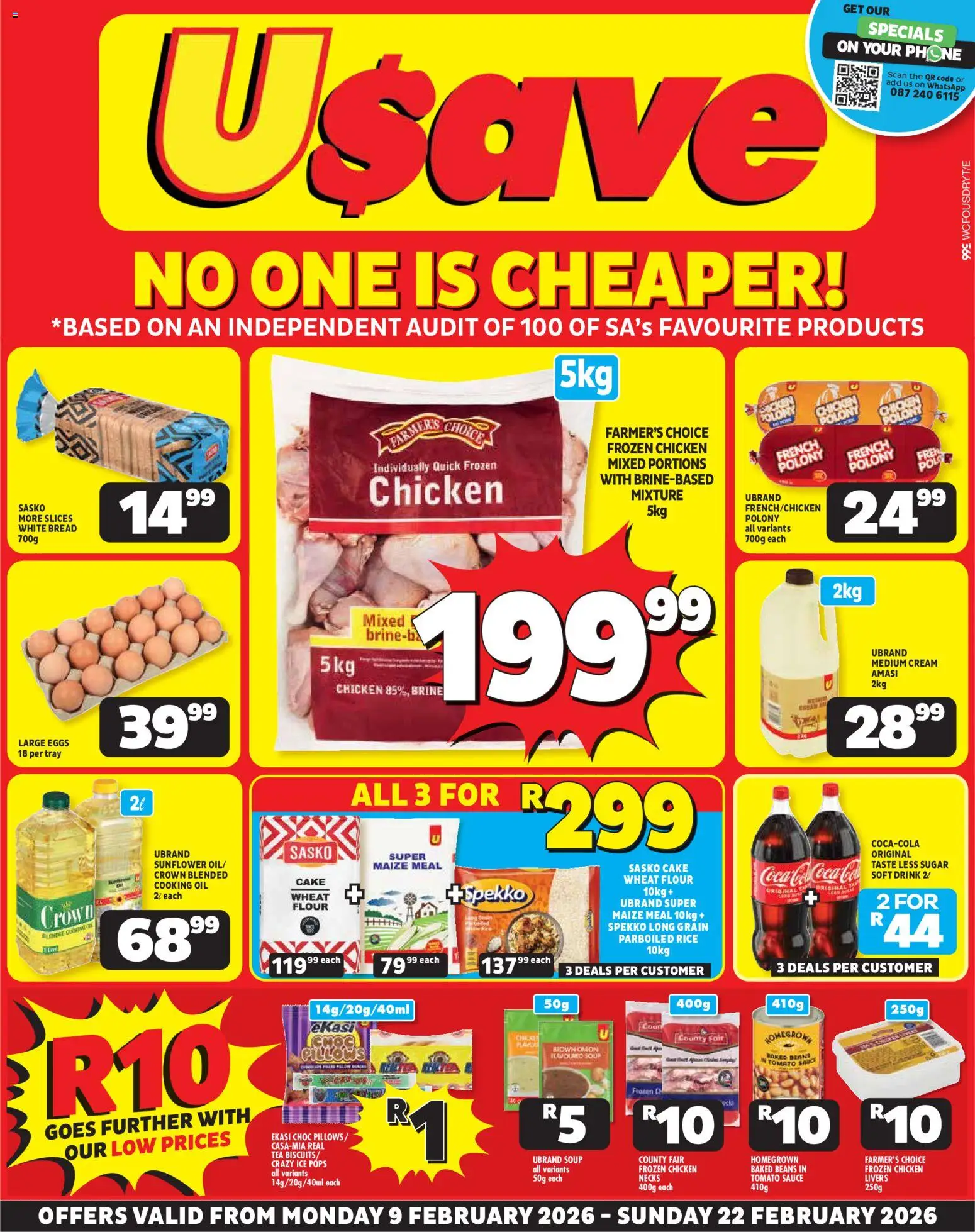 New Usave catalogue – valid from 09.02.2026 | Page: 1 | Products: Beans, Maize meal, Eggs, Sauce