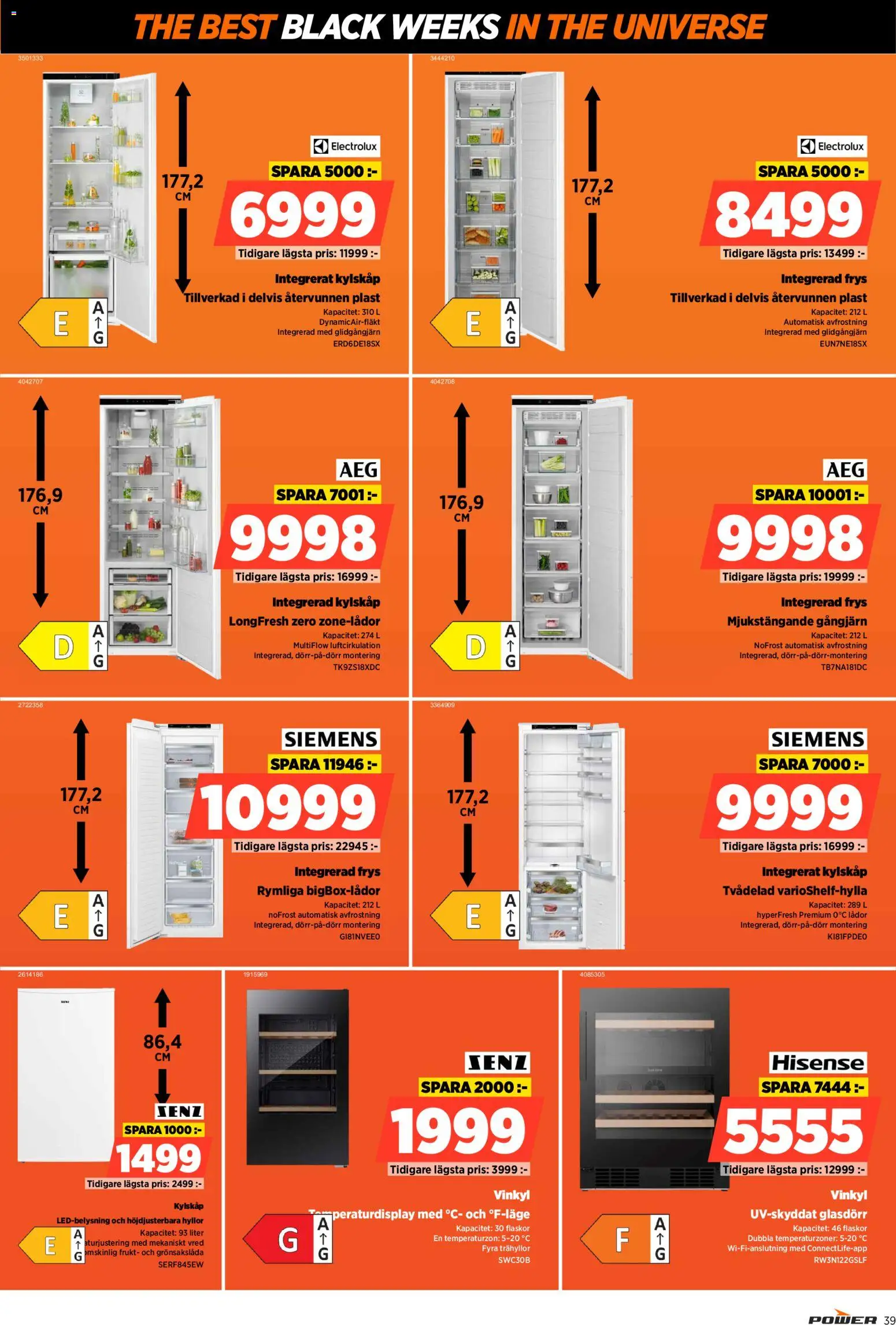 Power reklamblad aktuell från 24.11.2025 | Sida: 39 | Produkter: Vinkyl, Kylskåp, Frys
