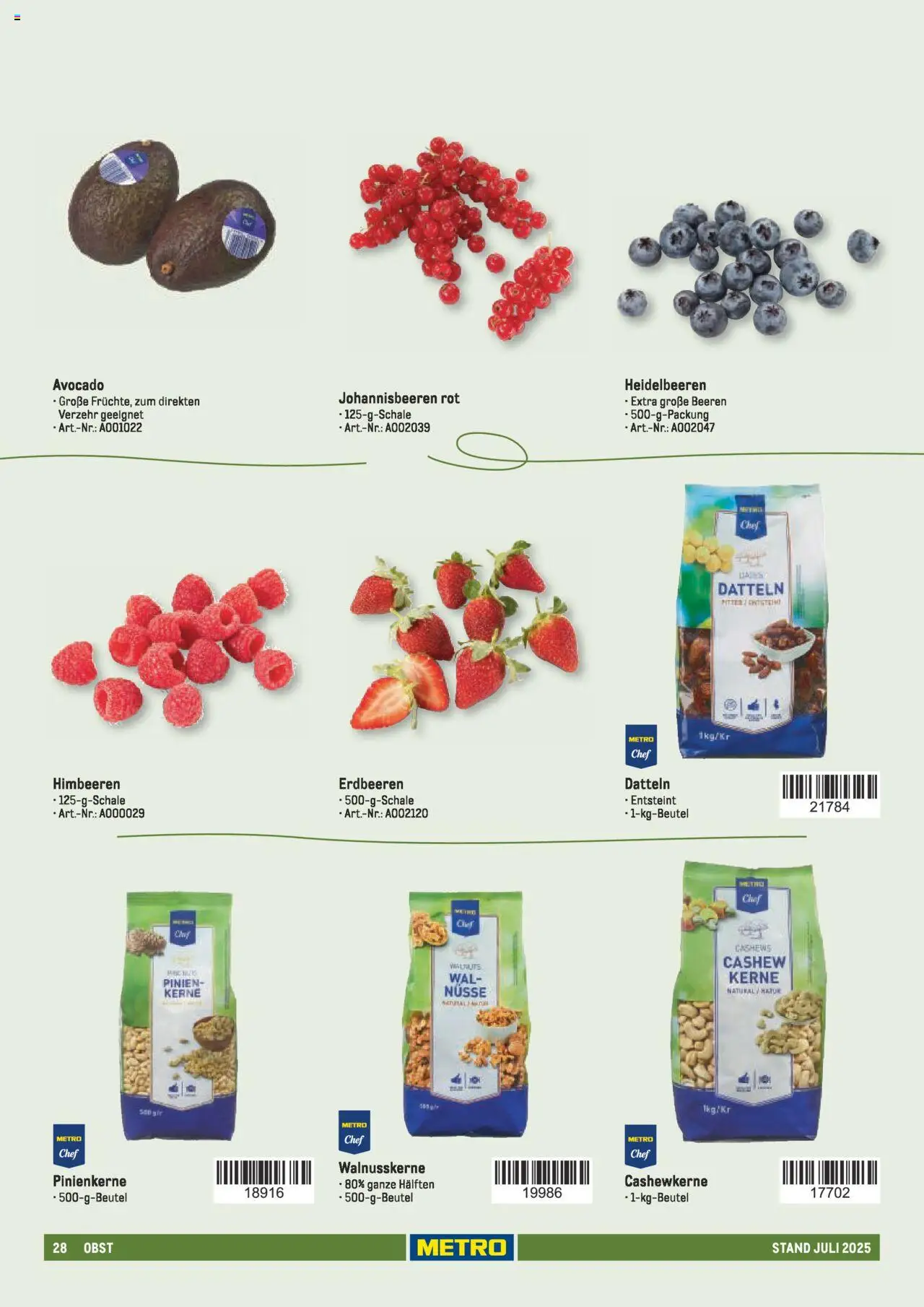 Metro - Sortimentskatalog Lieferservice – gültig ab 31.07.2025 | Seite: 28 | Produkte: Himbeeren, Heidelbeeren, Avocado, Obst