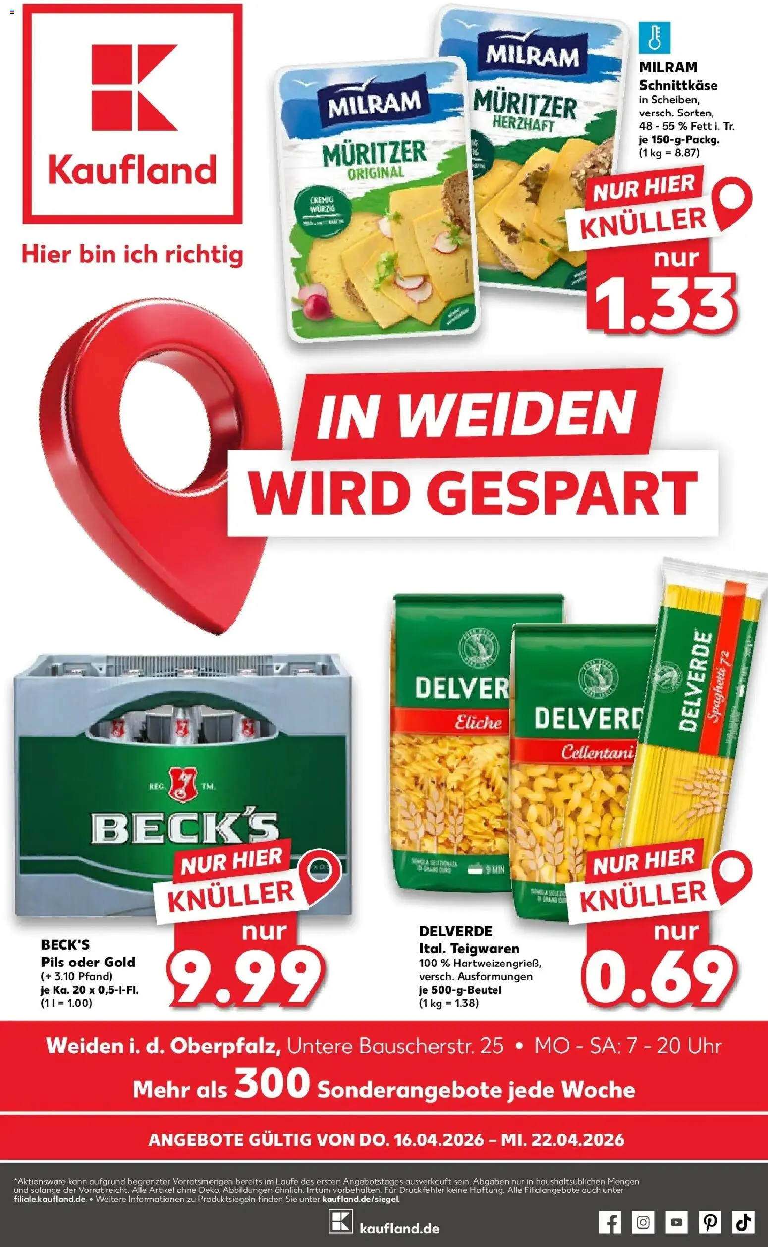Kaufland Prospekt Weiden In Der Oberpfalz	 – gültig ab 16.04.2026 | Seite: 1 | Produkte: Pils, Milram, Pasta, Uhr