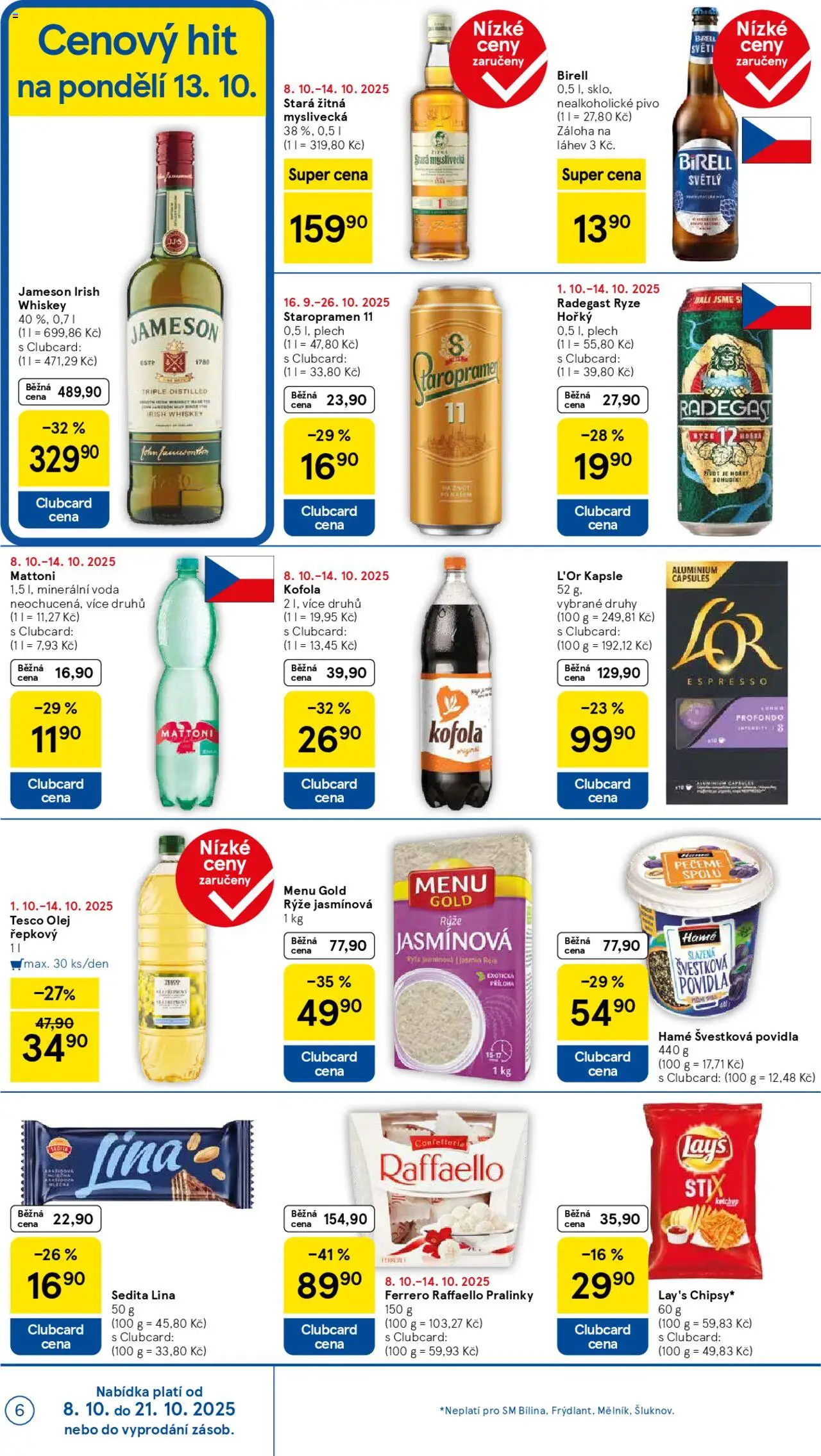 Tesco leták - Supermarket od 08.10.2025 | Strana: 6 | Produkty: Jameson, Staropramen 11, Kofola, Minerální voda