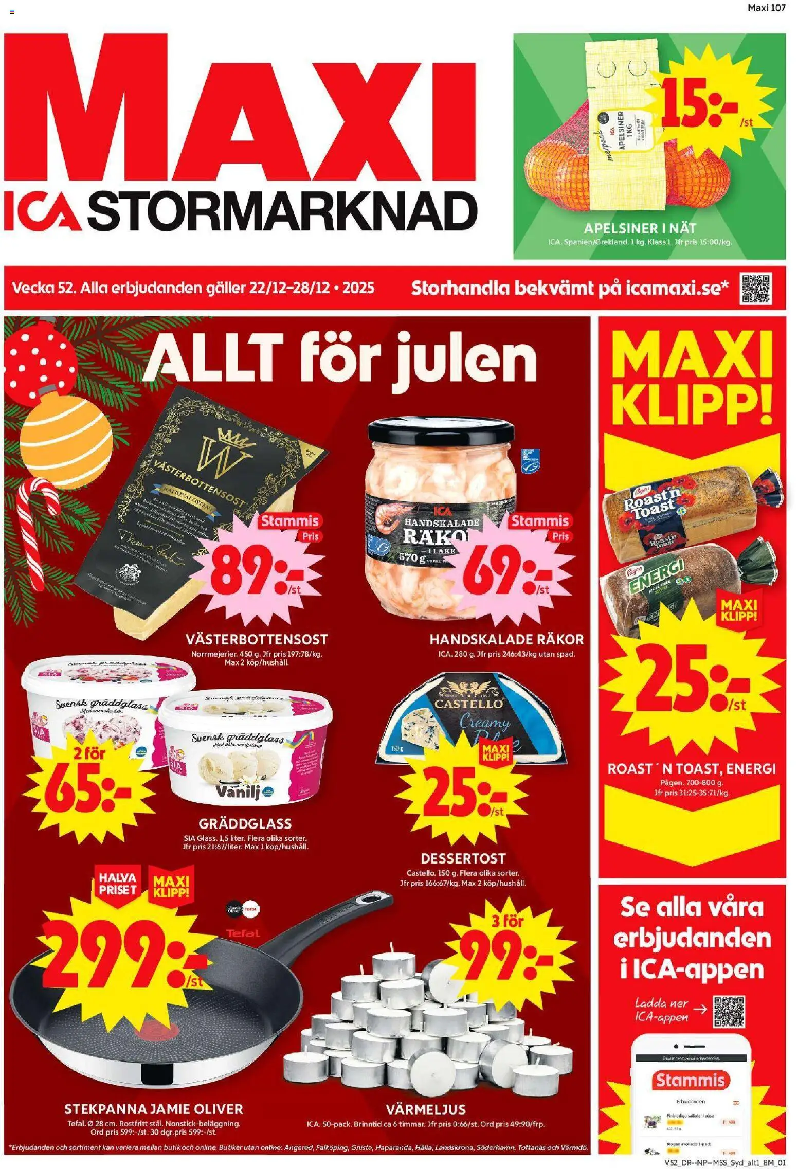 ICA Maxi reklamblad aktuell från 22.12.2025 | Sida: 1 | Produkter: Oliver, Galler, Räkor, Stekpanna