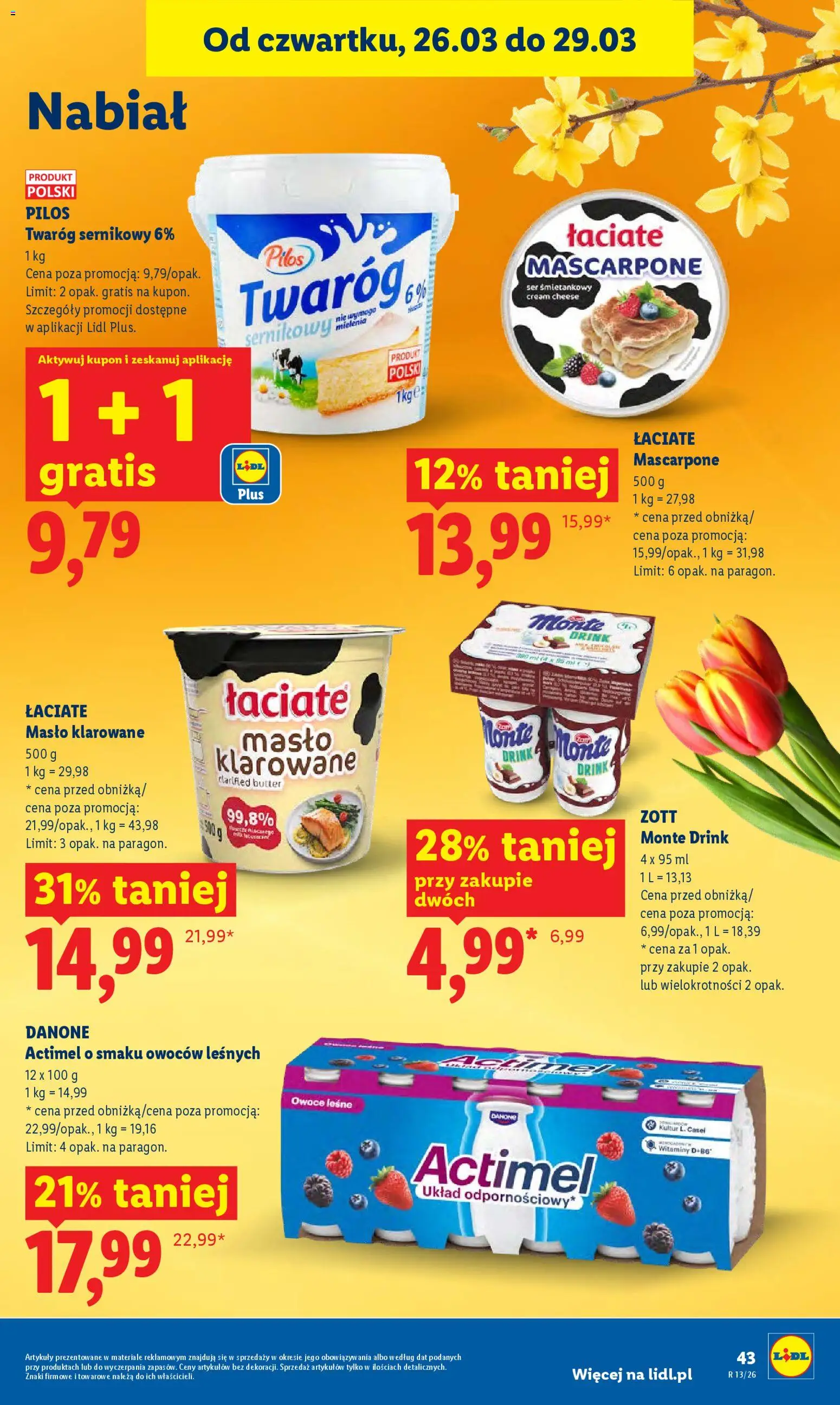 Lidl gazetka od 26.03.2026 | Strona: 43 | Produkty: Masło klarowane, Mascarpone, Twaróg, Owoce