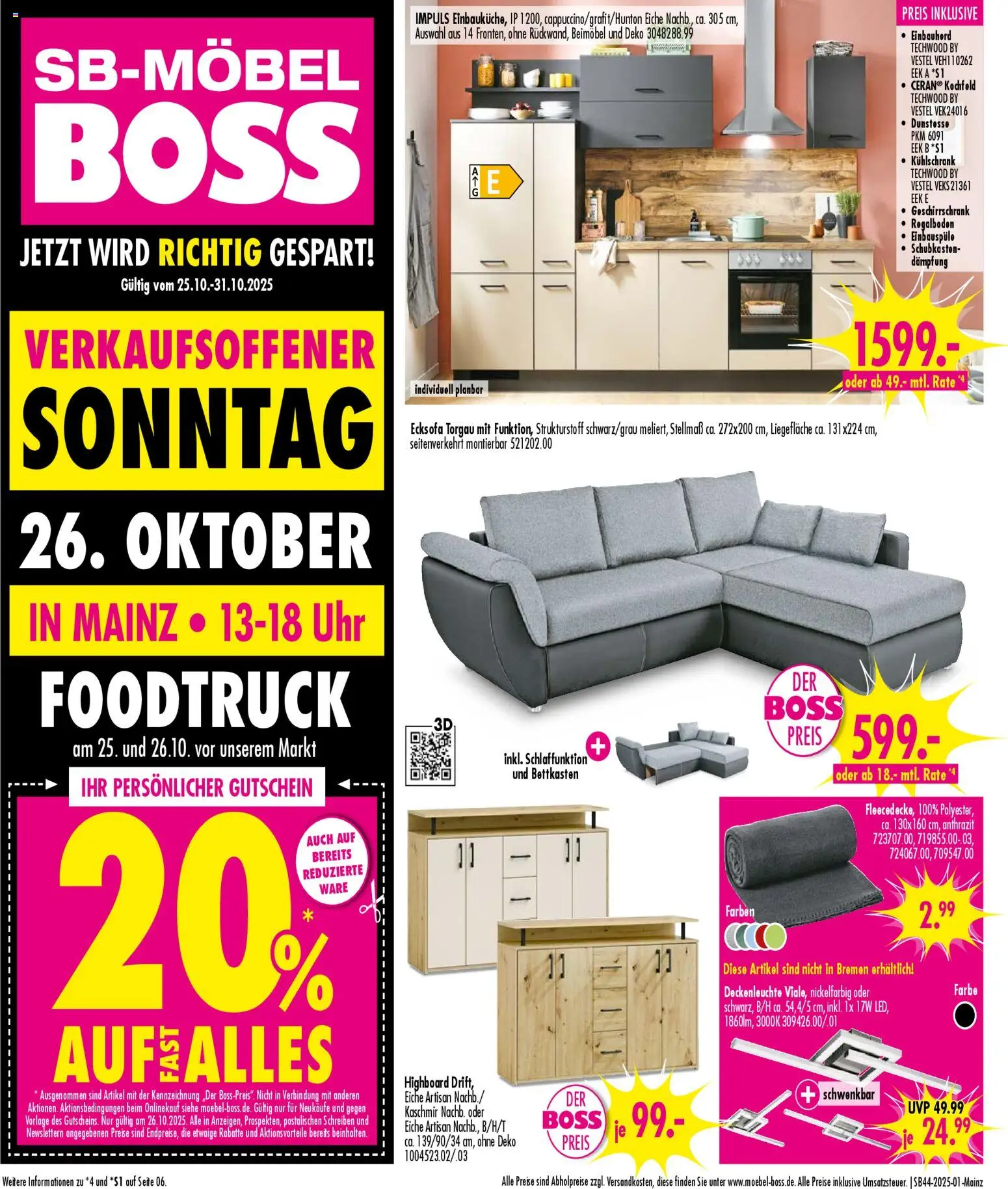 SB Möbel Boss Prospekt - Mainz	 – gültig ab 25.10.2025 | Seite: 1 | Produkte: Ecksofa, HIghboard, Kühlschrank, Uhr