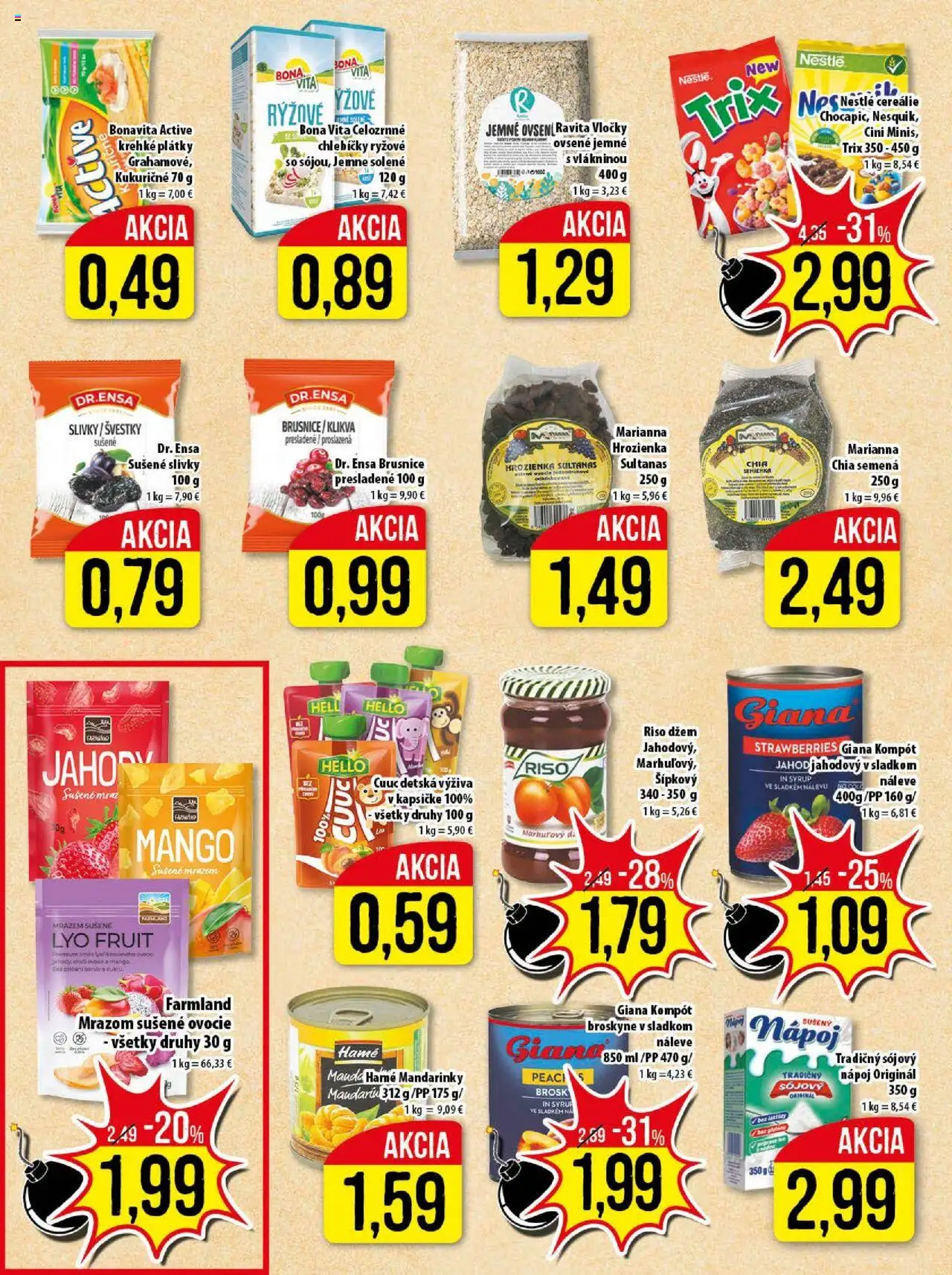 Nové Klas akcie – leták je platný od 13.10.2025 | Strana: 15 | Produkty: Mandarinky, Vločky, Hrozienka, Mango