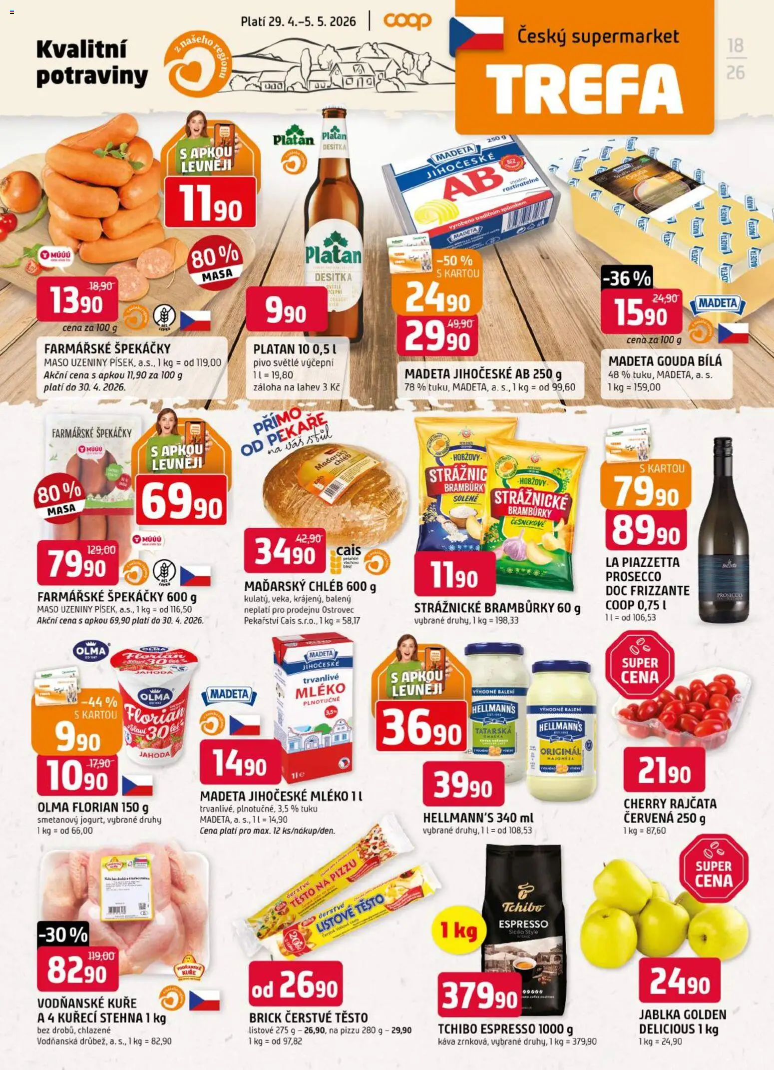 Trefa leták od 29.04.2026 | Strana: 1 | Produkty: Chléb, Pivo, Hellmann's, Kuře