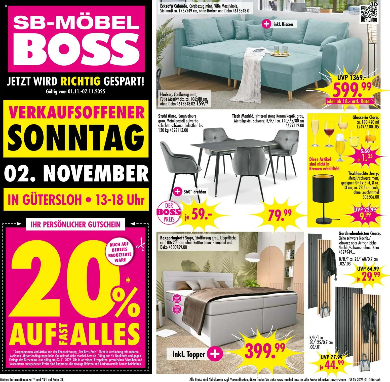 SB Möbel Boss Prospekt Gütersloh – gültig ab 01.11.2025 | Seite: 1 | Produkte: Hocker, Kissen, Topper, Uhr