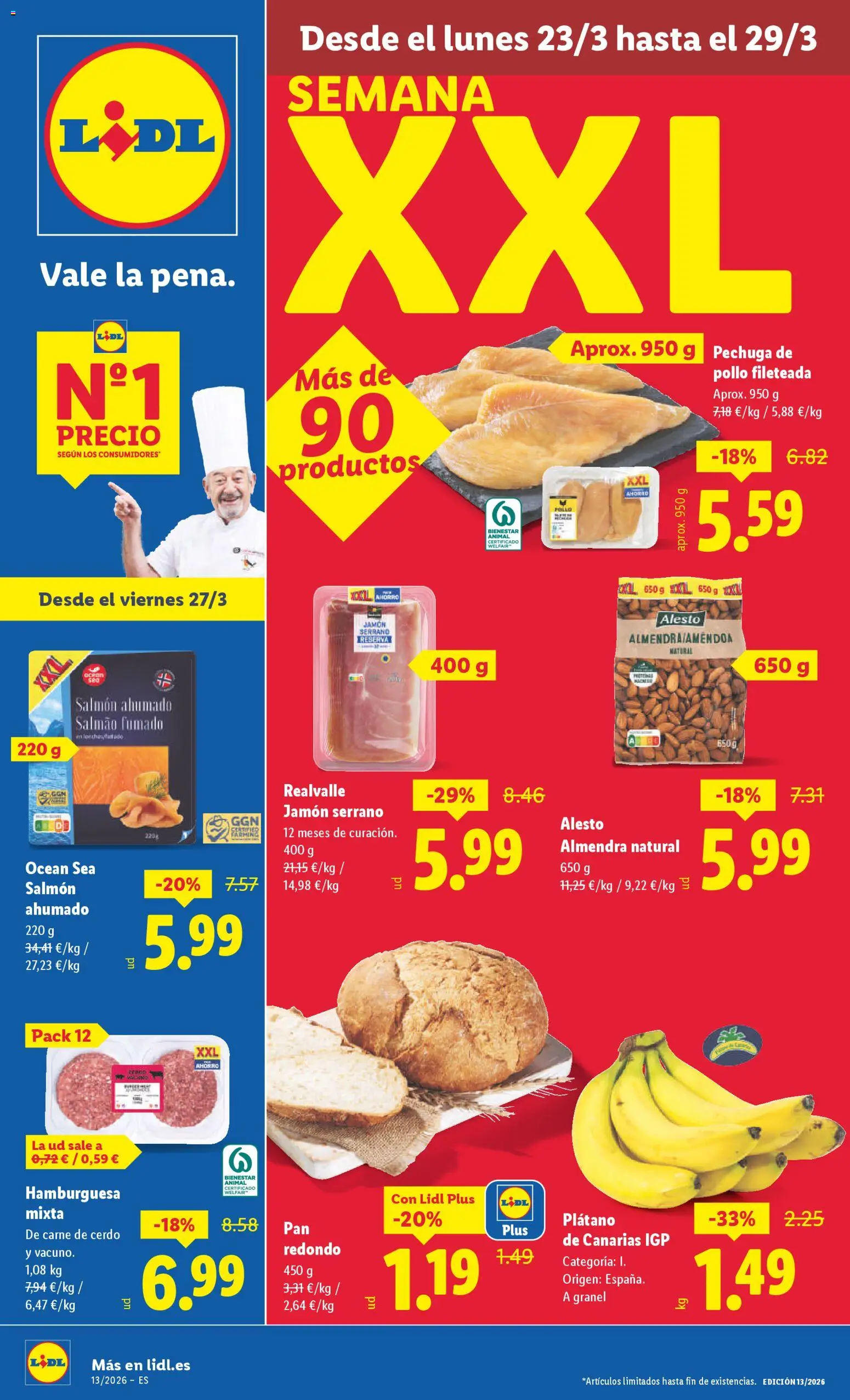 Lidl folleto │ válido desde el 23.03.2026 | Página: 1 | Productos: Jamón serrano, Pechuga de pollo fileteada, Cerdo, Salmón ahumado