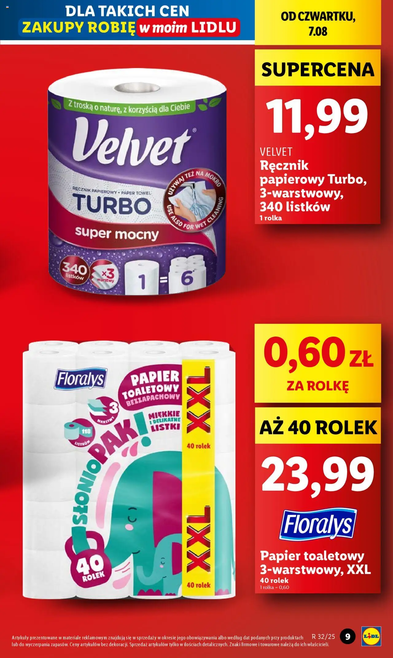 Lidl Gazetka od 07.08.2025 | Strona: 9 | Produkty: Papier toaletowy, Ręcznik papierowy