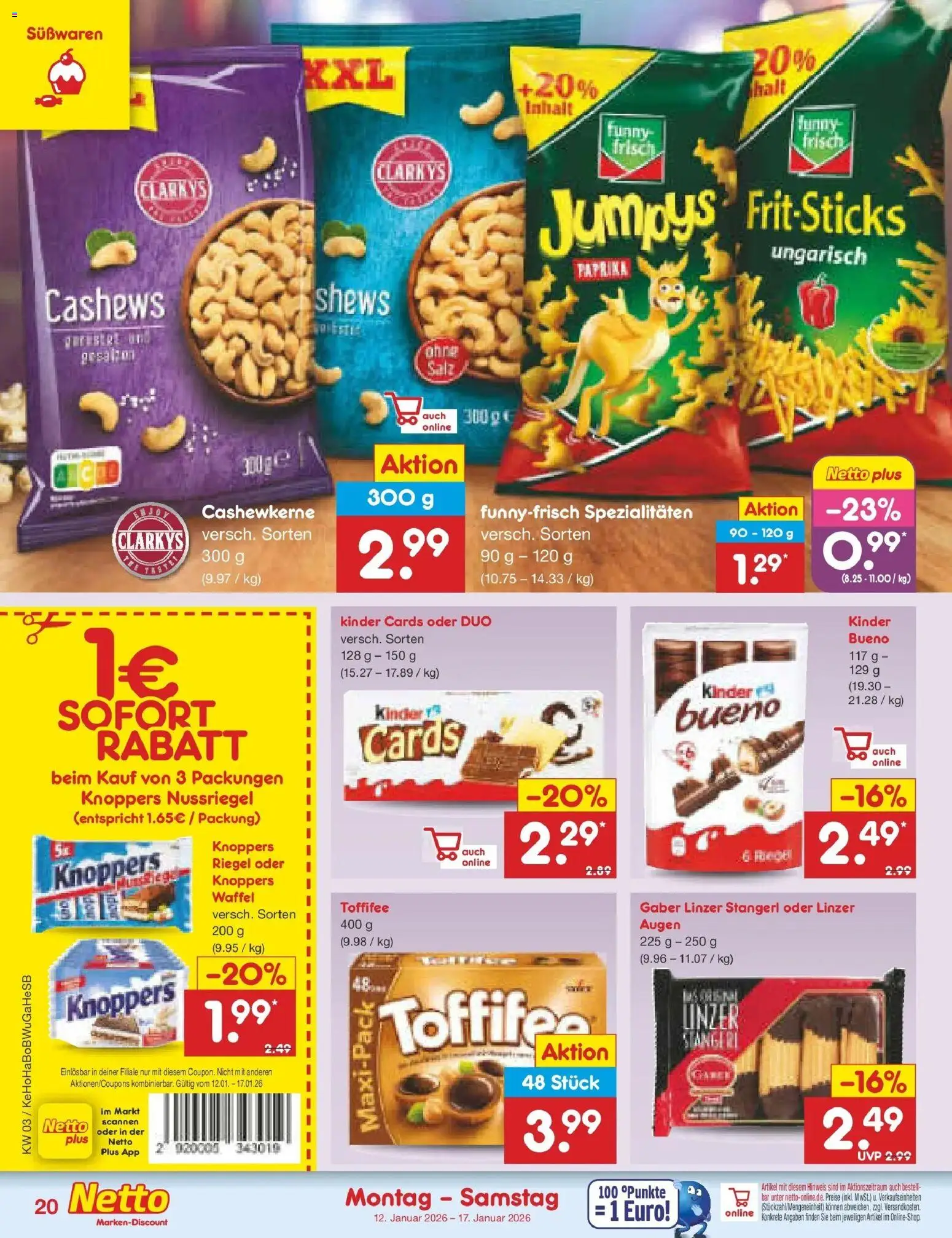 Netto Marken-Discount prospekt Bonn	 – gültig ab 12.01.2026 | Seite: 20 | Produkte: Funny frisch, Salz, Toffifee, Knoppers
