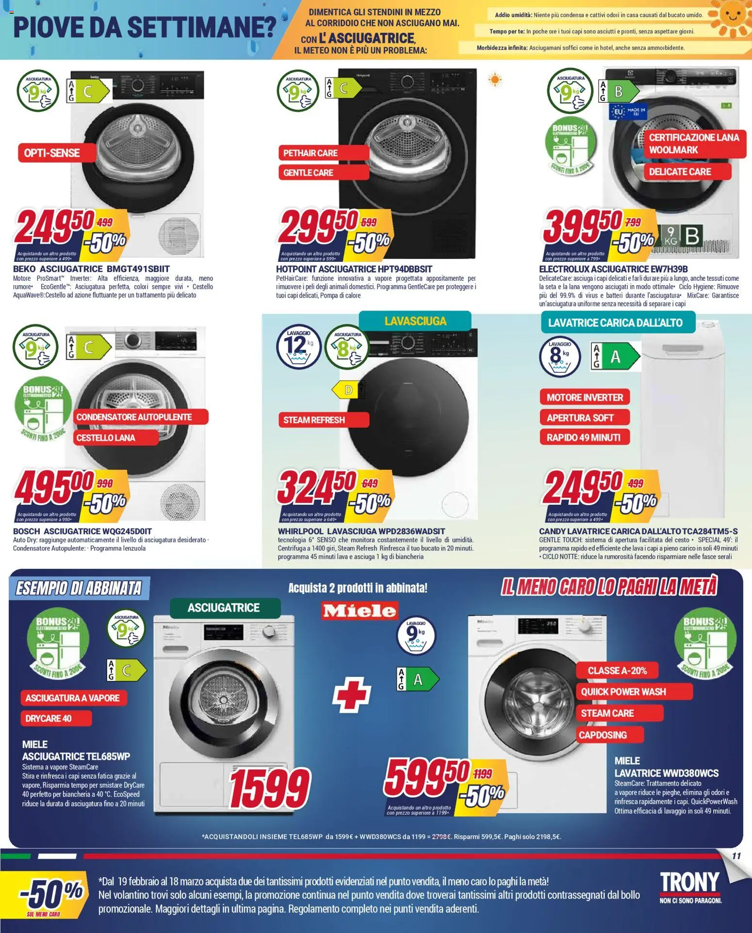 Volantino Trony del 19.02.2026 | Pagina: 11 | Prodotti: Lavasciuga, Centrifuga, Lavatrice, Asciugatrice