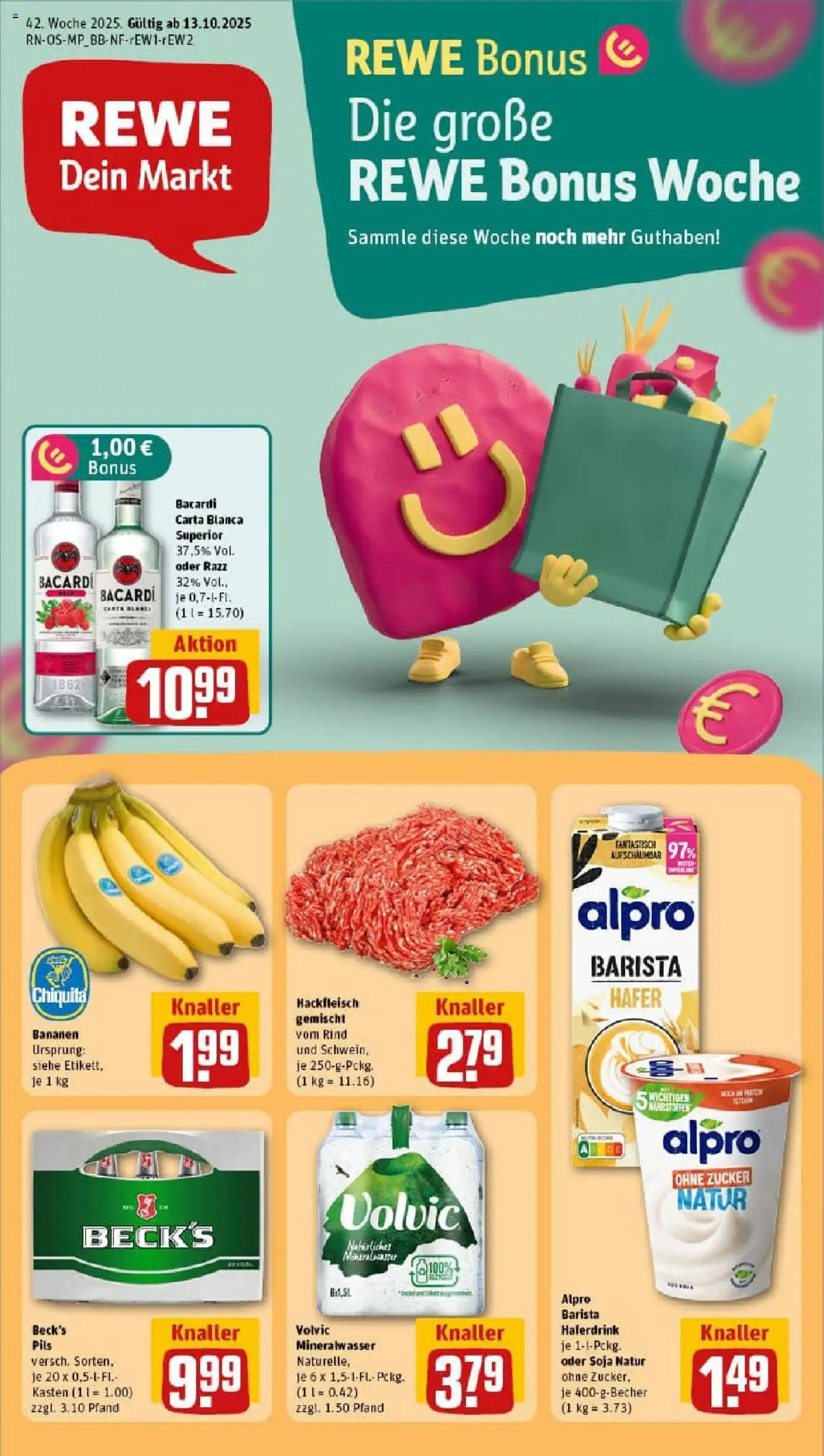 Rewe prospekt Rostock / Südstadt	 – gültig ab 13.10.2025 | Seite: 1 | Produkte: Pils, Bananen, Volvic, Hackfleisch