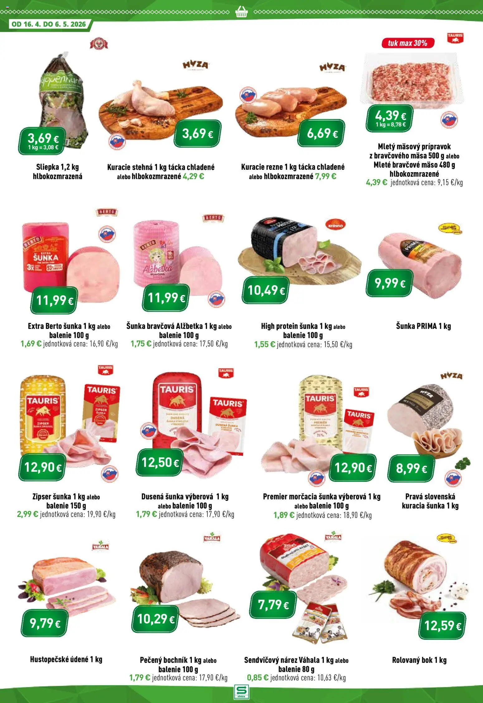 Nové Sintra akcie – leták je platný od 16.04.2026 | Strana: 2 | Produkty: Šunka, Protein, Kuracie stehná, Bravčové mäso