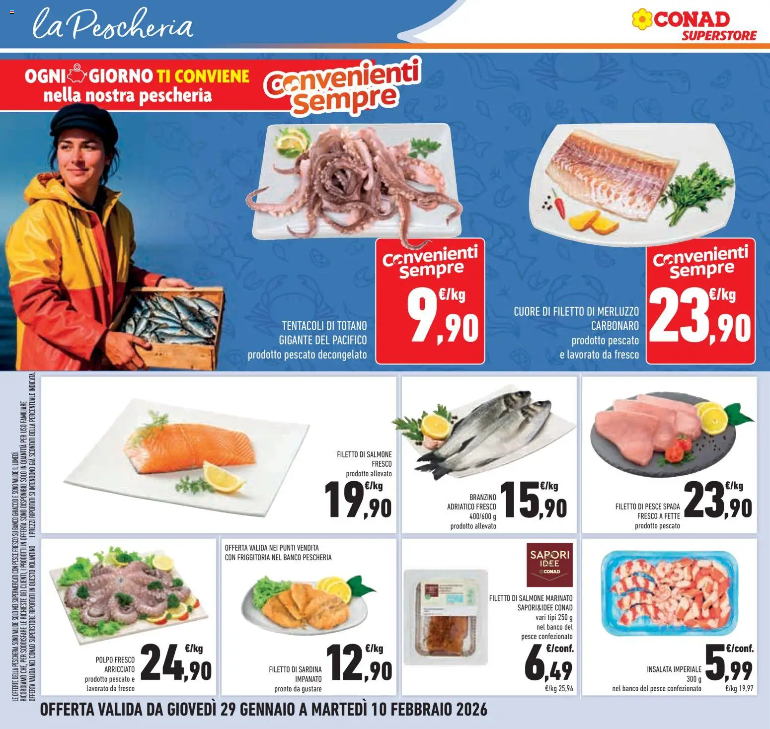 Volantino Conad del 29.01.2026 | Pagina: 16 | Prodotti: Salmone, Polpo, Branzino, Totano