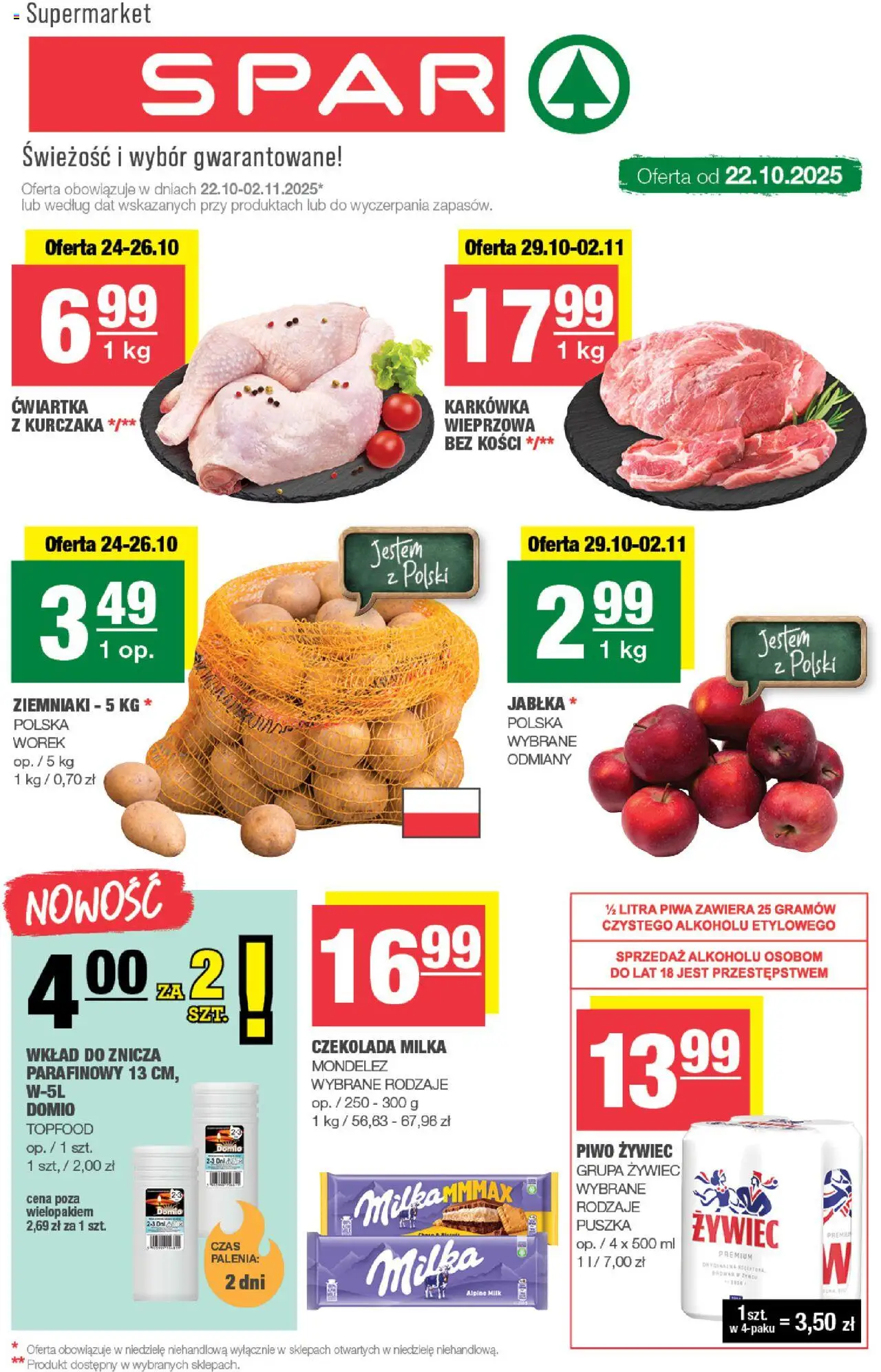 Spar Gazetka od 22.10.2025 | Strona: 1 | Produkty: Czekolada milka, Milka, Piwo, Jabłka
