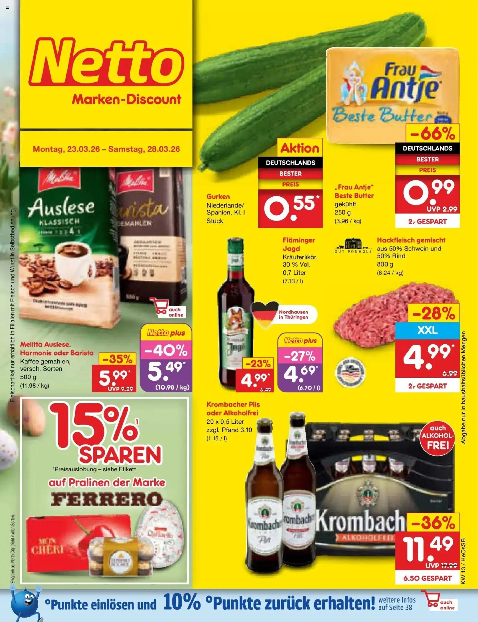Netto Marken-Discount Prospekt Kröpelin	 – gültig ab 23.03.2026 | Seite: 1 | Produkte: Melitta, Kaffee, Wurst, Krombacher