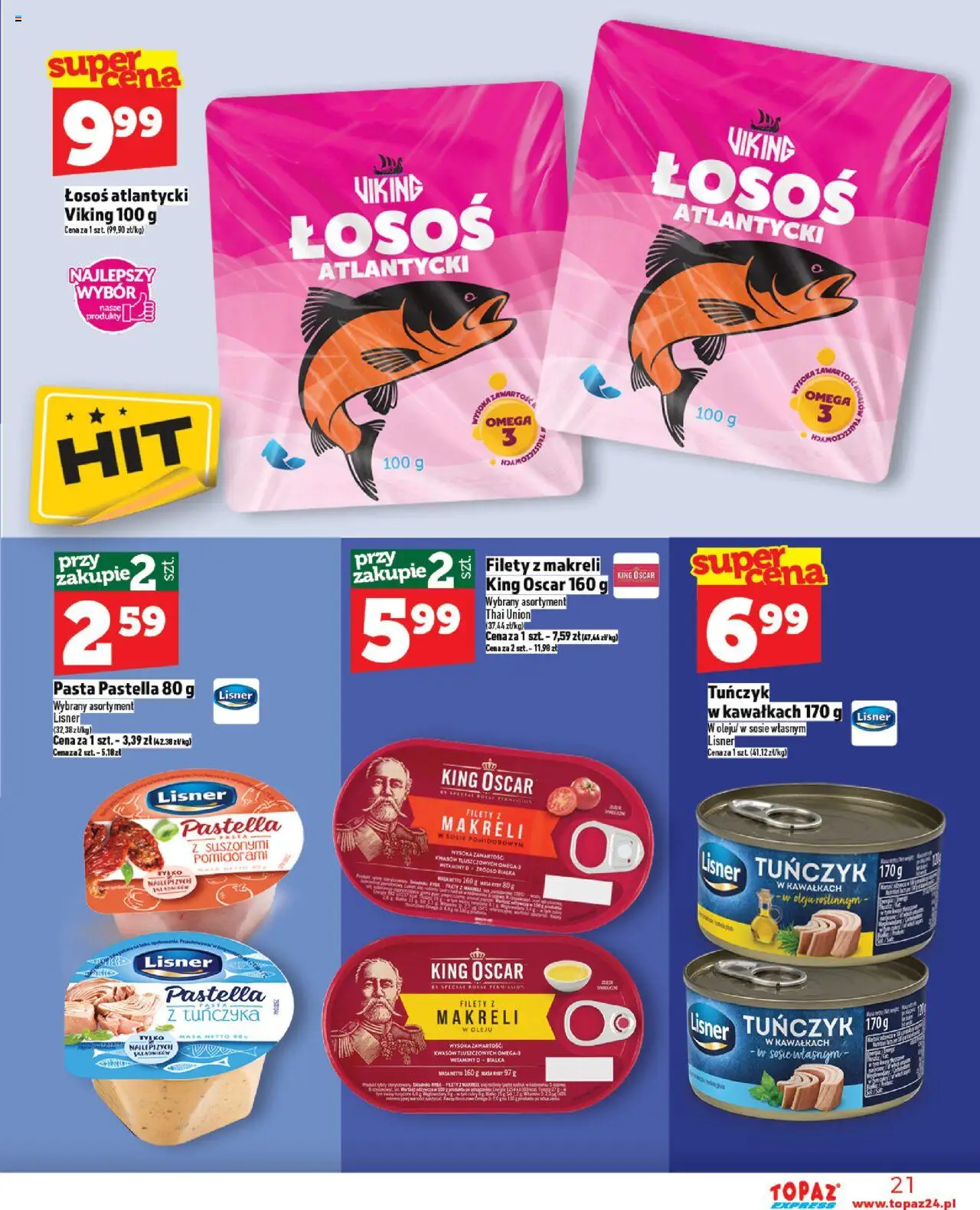 Topaz Gazetka - Express od 23.10.2025 | Strona: 21 | Produkty: Łosoś atlantycki, Łosoś, Tuńczyk, Ryby
