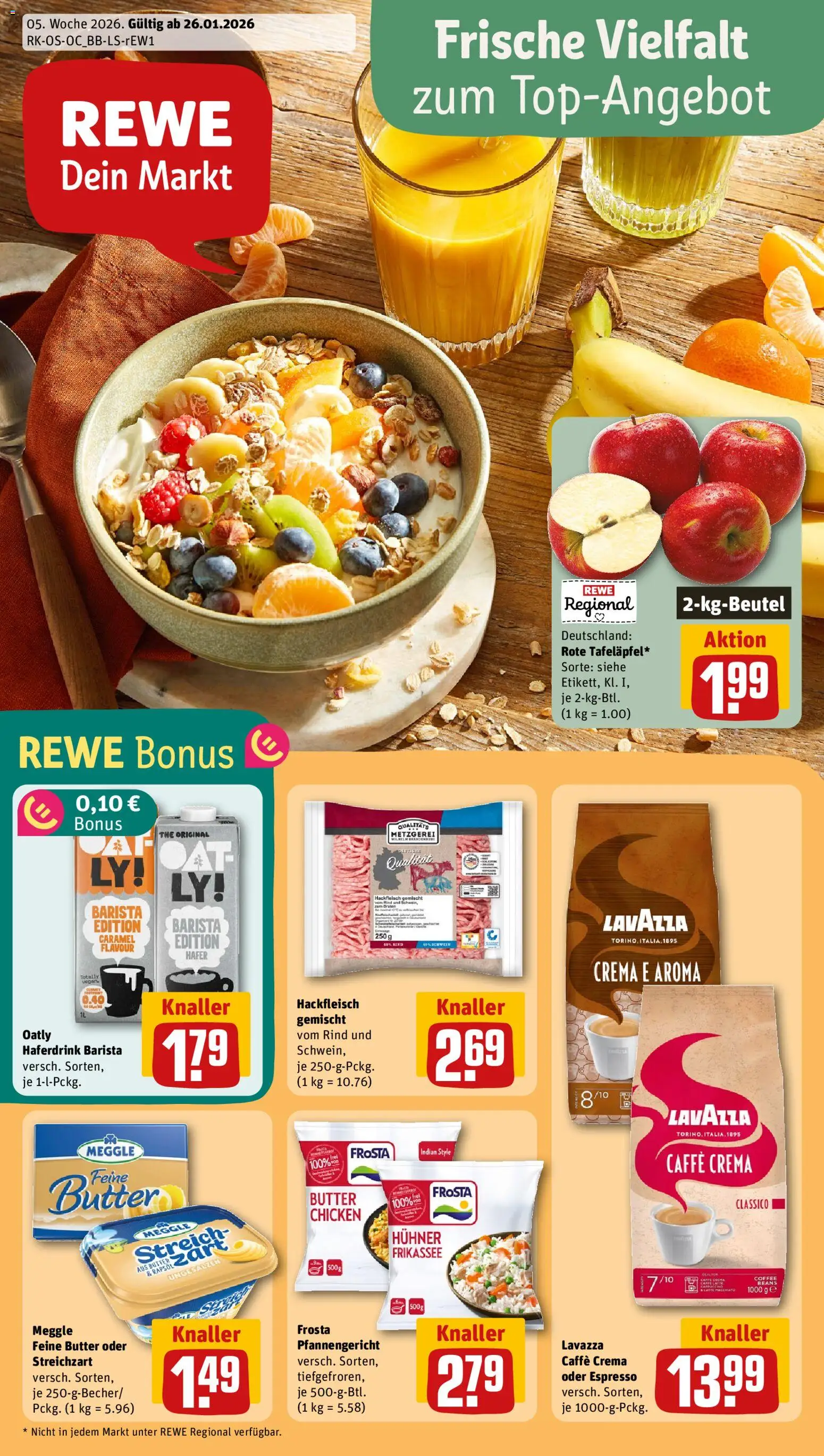 Rewe Prospekt 	 – gültig ab 26.01.2026 | Seite: 1 | Produkte: Lavazza, Butter, Oatly, Hackfleisch