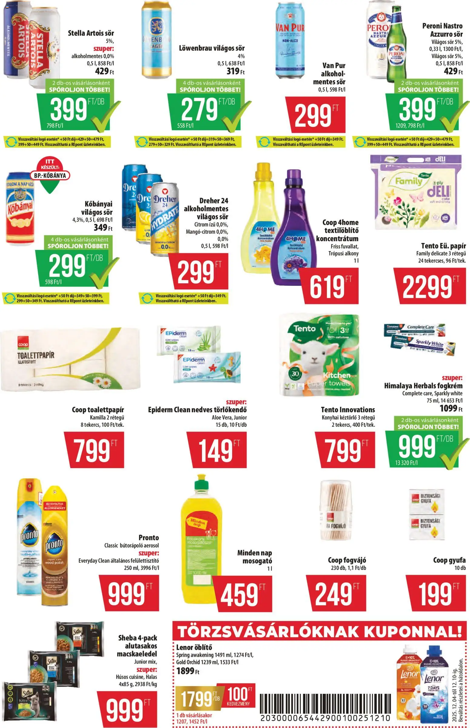COOP akciós ujság - amely érvényes a következő dátumtól: 04.12.2025 | Oldal: 11 | Termékek: Macskaeledel, Nedves törlőkendő, Stella artois, Fogkrém
