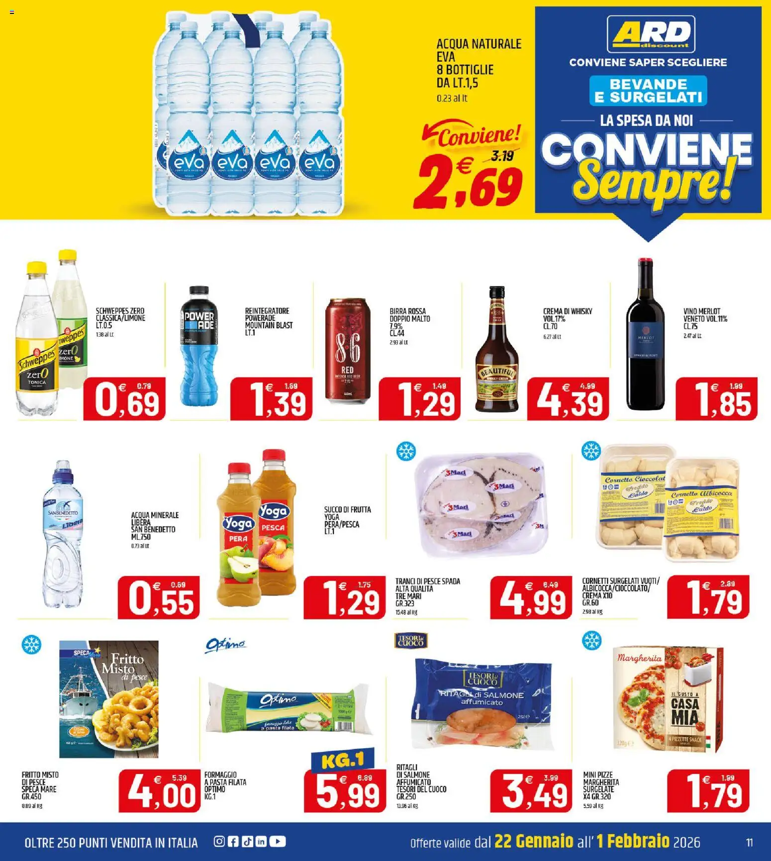 Volantino ARD Discount del 22.01.2026 | Pagina: 11 | Prodotti: Pesce, Cornetto, Frutta, Acqua minerale