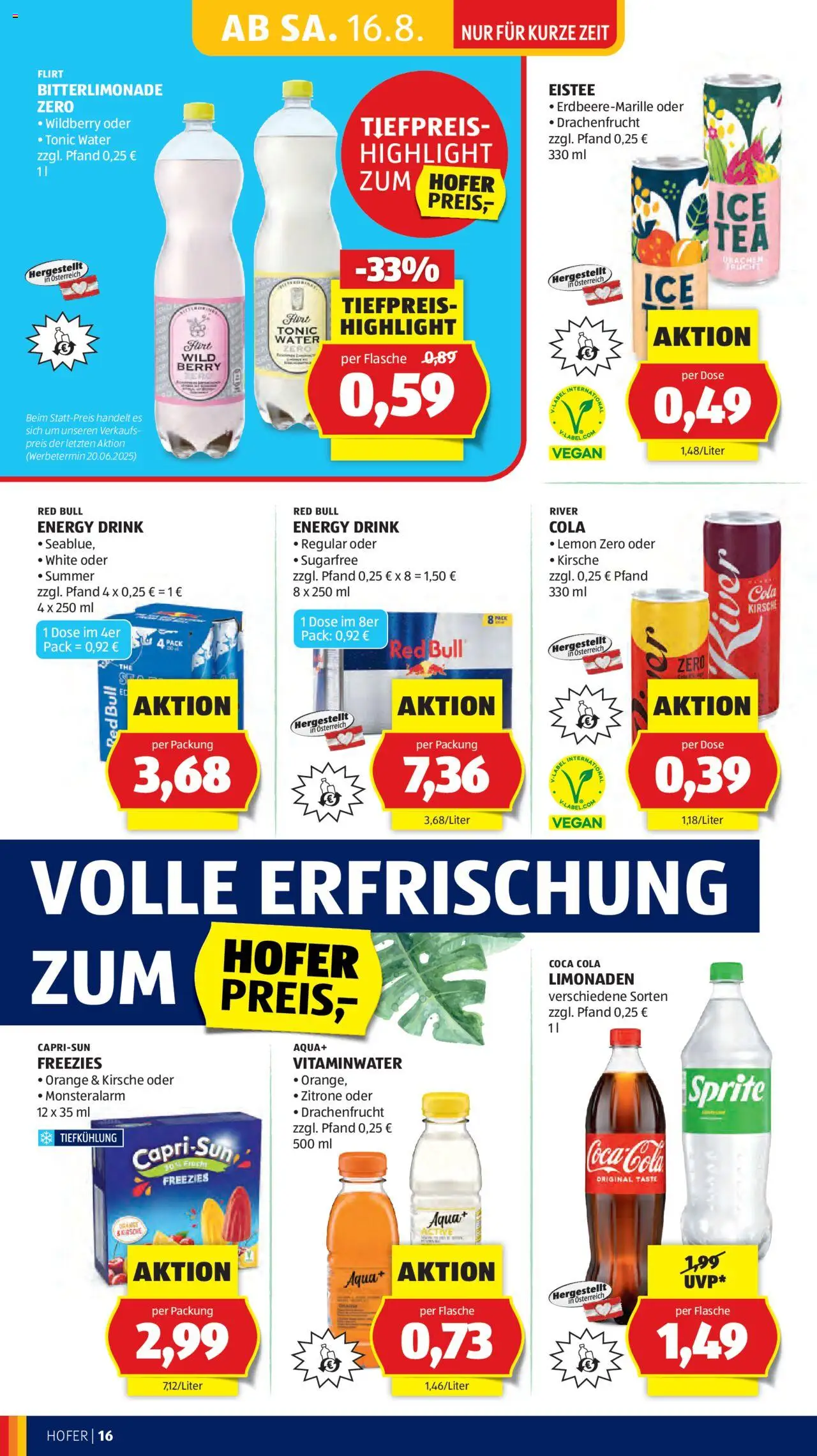 Hofer AT akciós ujság - amely érvényes a következő dátumtól: 14.08.2025 | Oldal: 18 | Termékek: Red bull, Coca Cola, Cola, Vegán