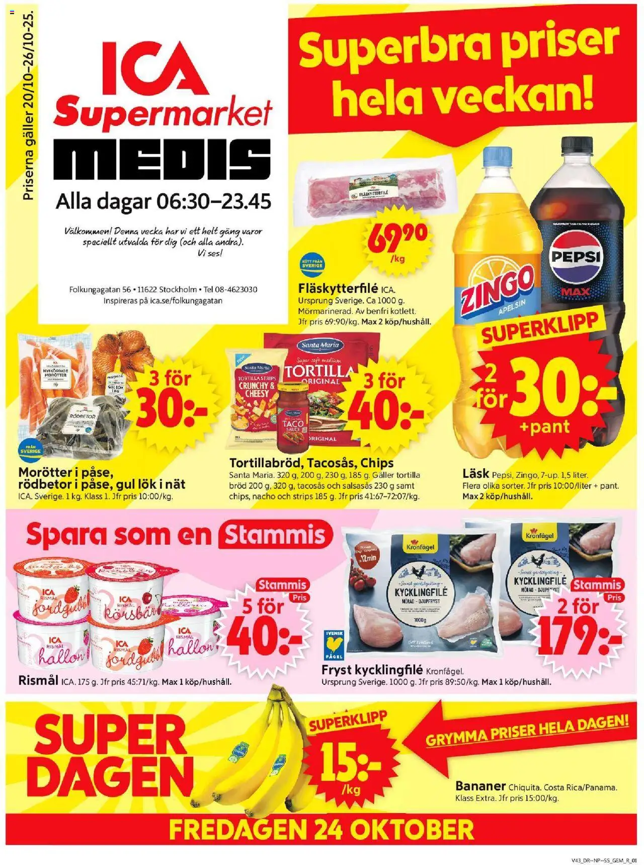 ICA Supermarket reklamblad aktuell från 20.10.2025 | Sida: 1 | Produkter: Tacosås, Chips, Bröd, Apelsin