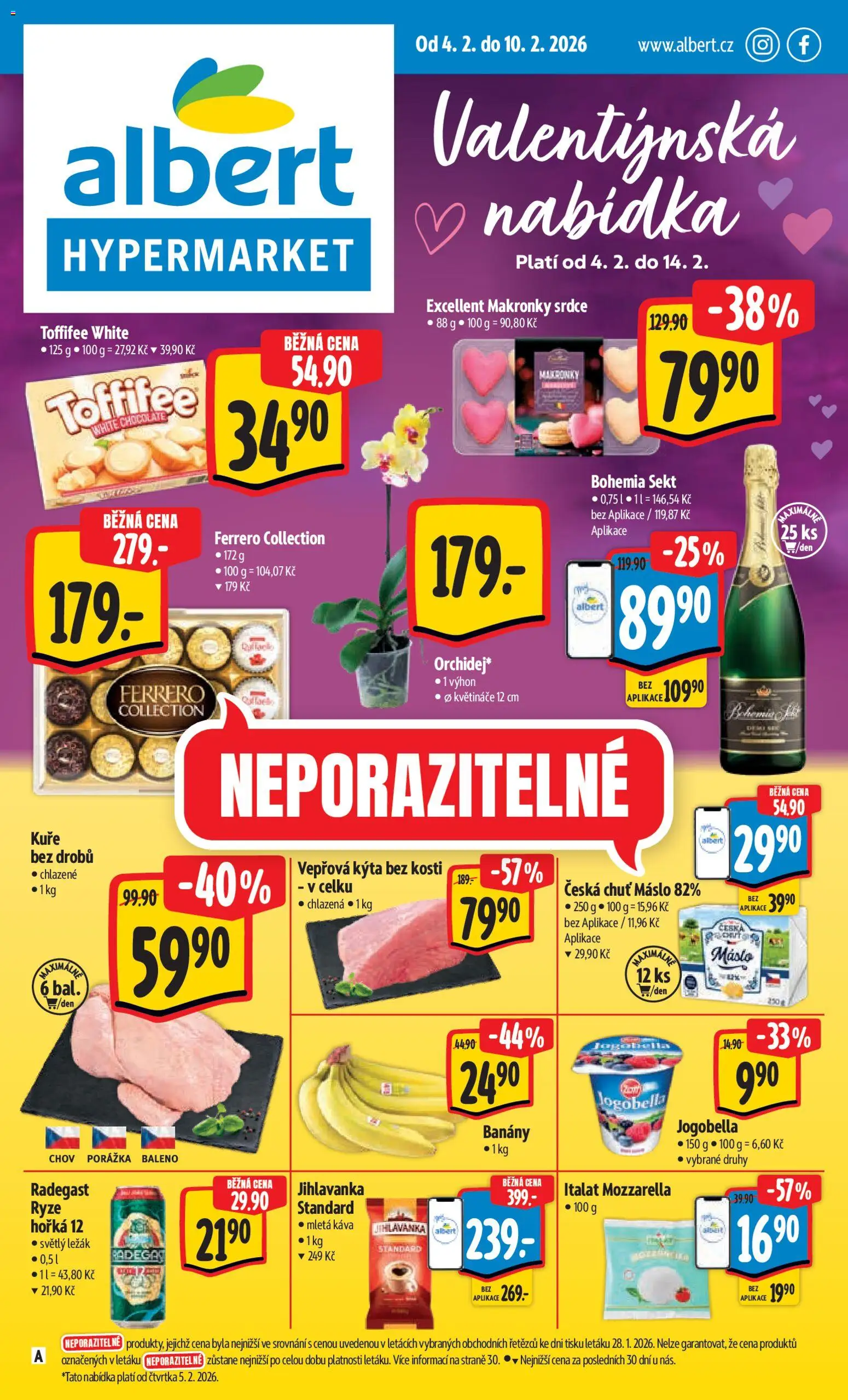 Albert leták - Hypermarket od 04.02.2026 | Strana: 1 | Produkty: Makronky, Kuře, Vepřová Kýta, Jogobella