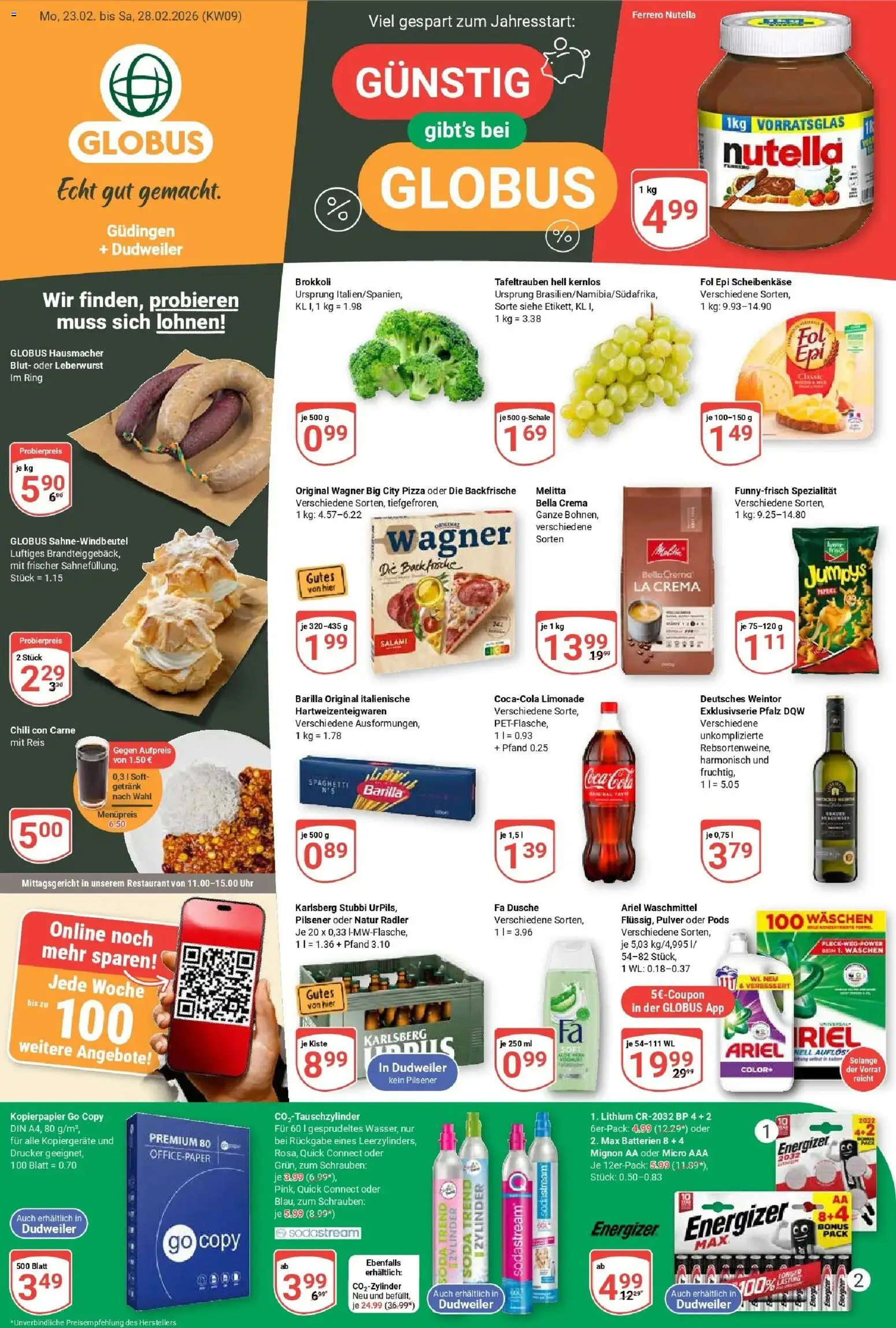 Globus Prospekt Saarbrücken-Güdingen – gültig ab 23.02.2026 | Seite: 1 | Produkte: Coca cola, Cola, Batterien, Salami