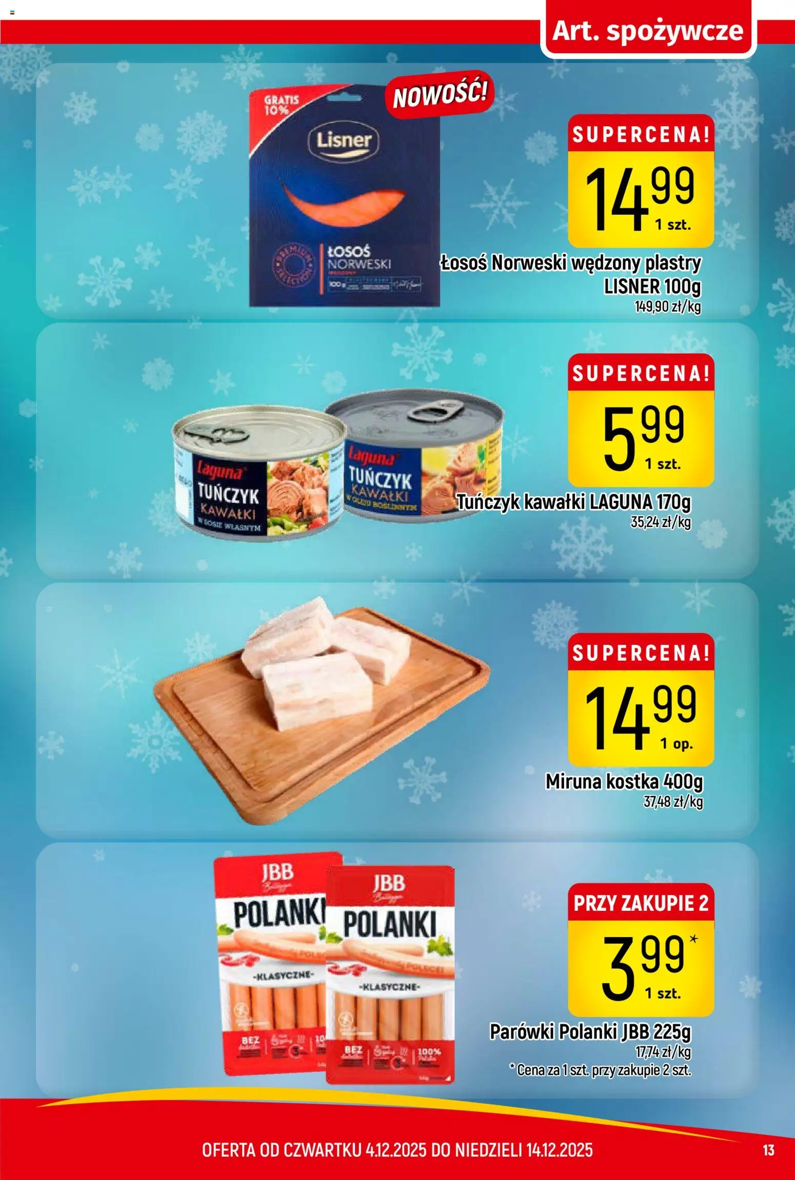 Piotruś Pan Gazetka od 04.12.2025 | Strona: 13 | Produkty: Miruna, Parówki, Łosoś, Łosoś norweski