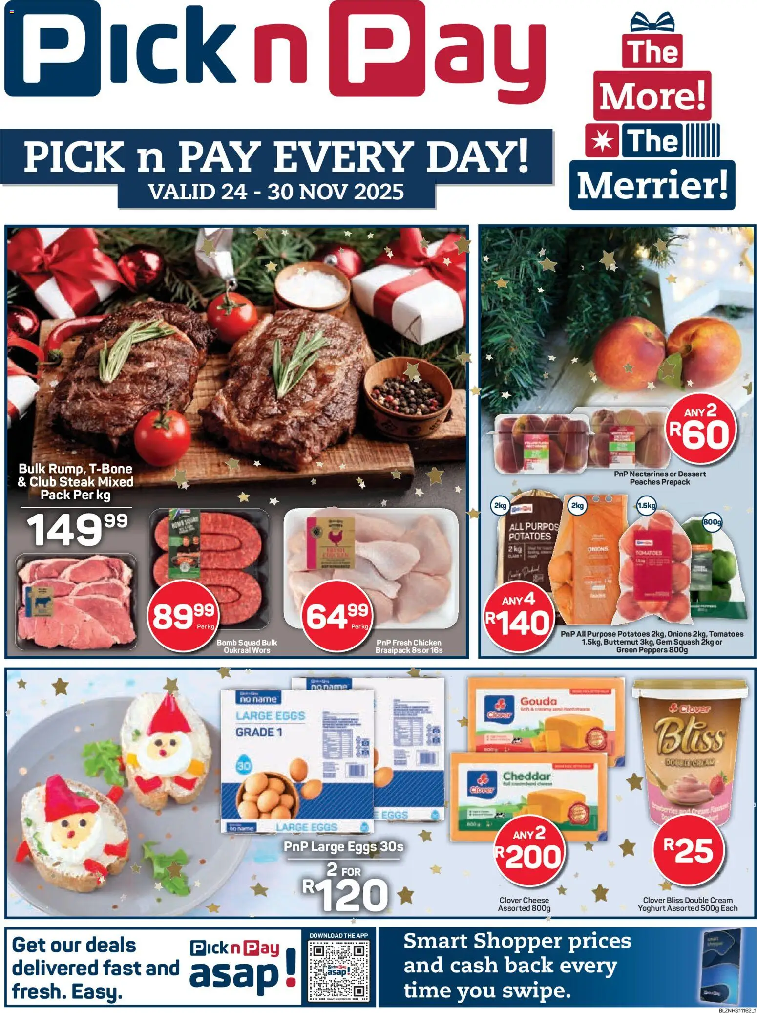New Pick n Pay catalogue – valid from 24.11.2025 | Page: 1 | Products: Steak, Chicken, Potatoes, Nectarines