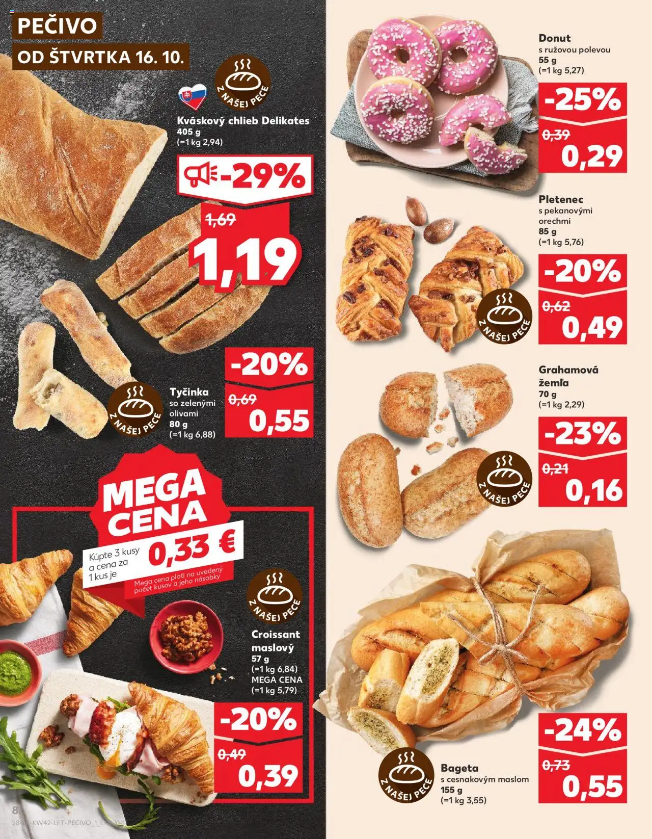 Nové Kaufland akcie – leták je platný od 16.10.2025 | Strana: 8 | Produkty: Chlieb, Donut, Croissant