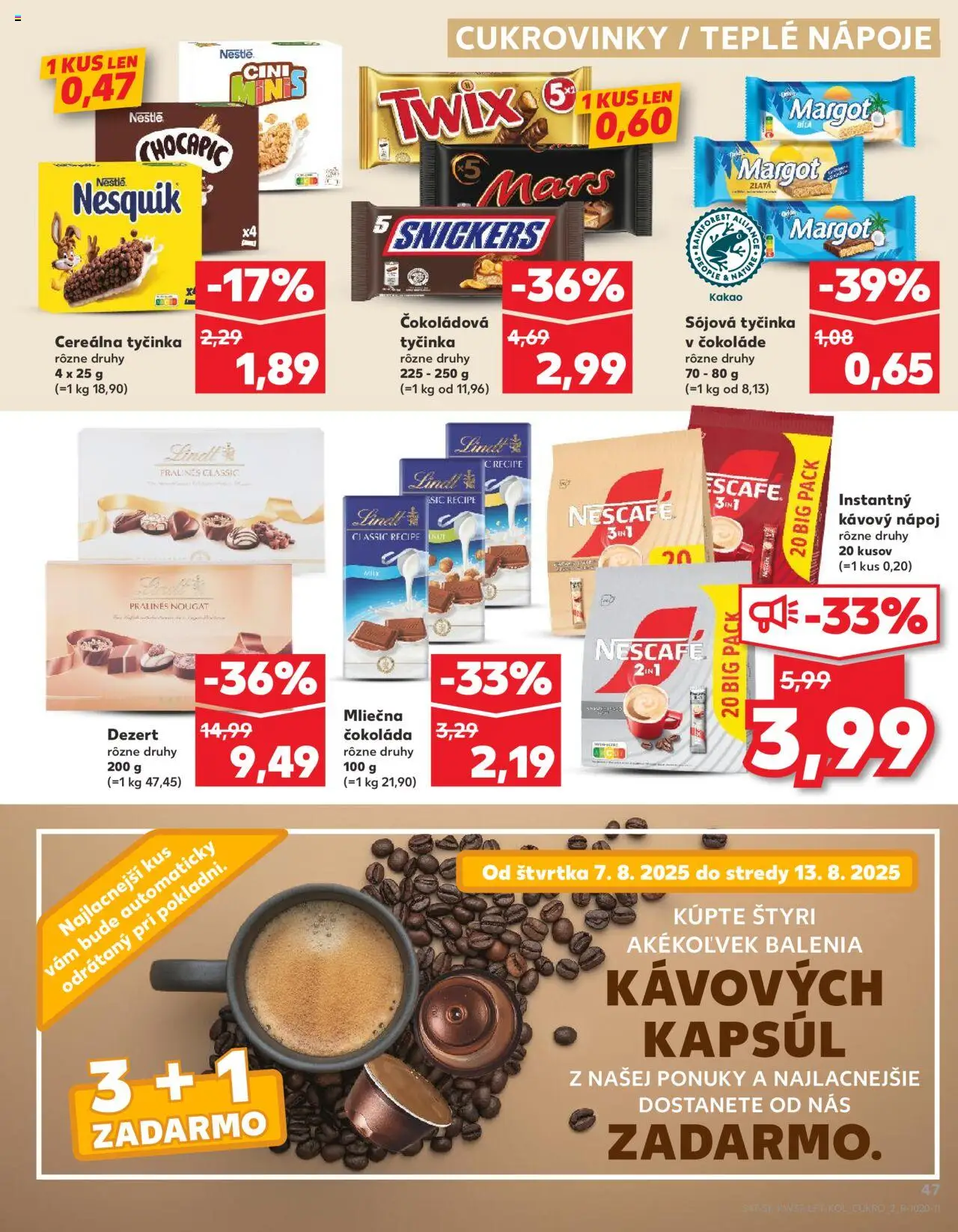 Kaufland SK akciós ujság - amely érvényes a következő dátumtól: 07.08.2025 | Oldal: 47 | Termékek: Nesquik, Snickers