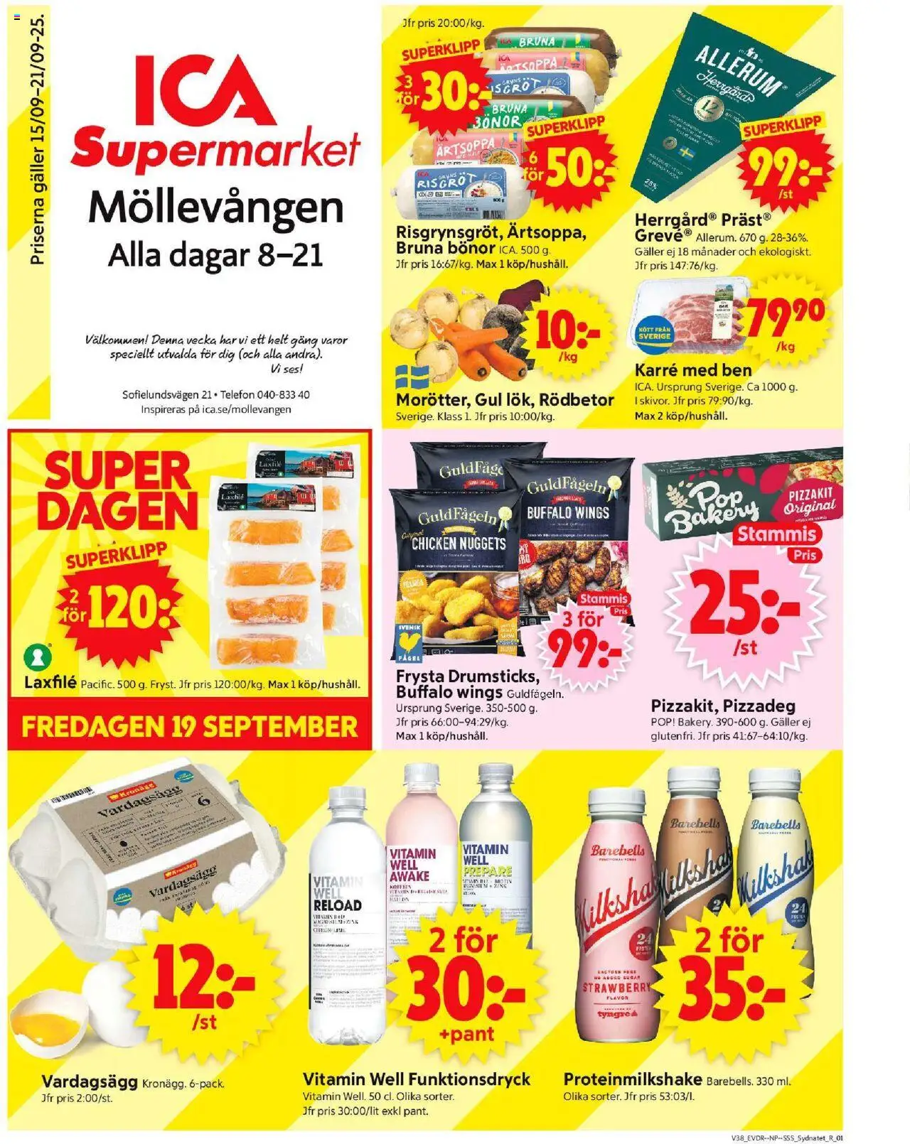 ICA Supermarket reklamblad aktuell från 15.09.2025 | Sida: 1 | Produkter: Galler, Pizzakit, Telefon, Bönor