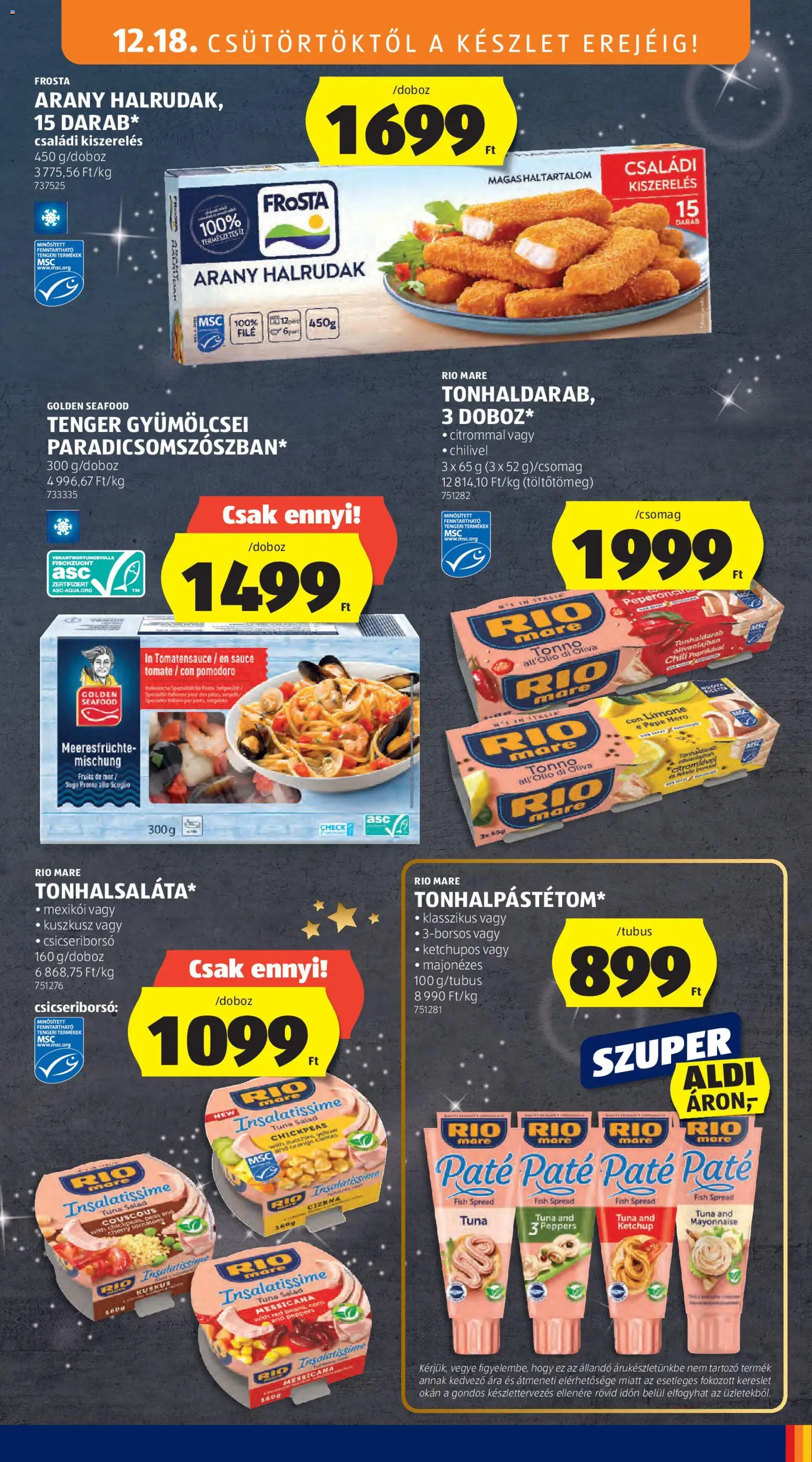 Aldi akciós ujság - amely érvényes a következő dátumtól: 18.12.2025 | Oldal: 19 | Termékek: Chili, Csicseriborsó, Kuszkusz, Tenger gyümölcsei