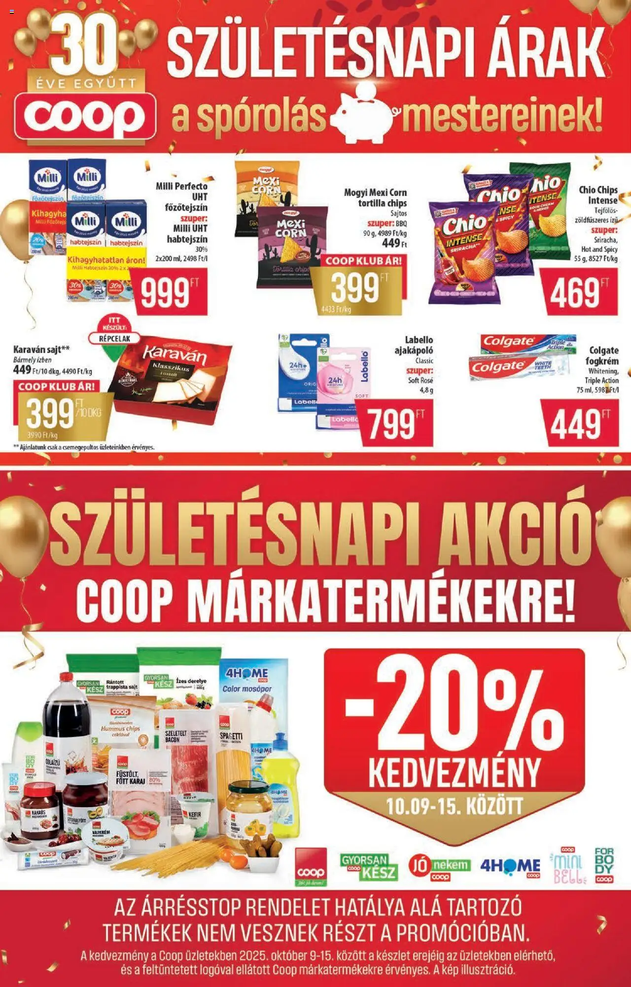 COOP akciós ujság - amely érvényes a következő dátumtól: 09.10.2025 | Oldal: 2 | Termékek: Spagetti, Főzőtejszín, Karaj, Mosópor