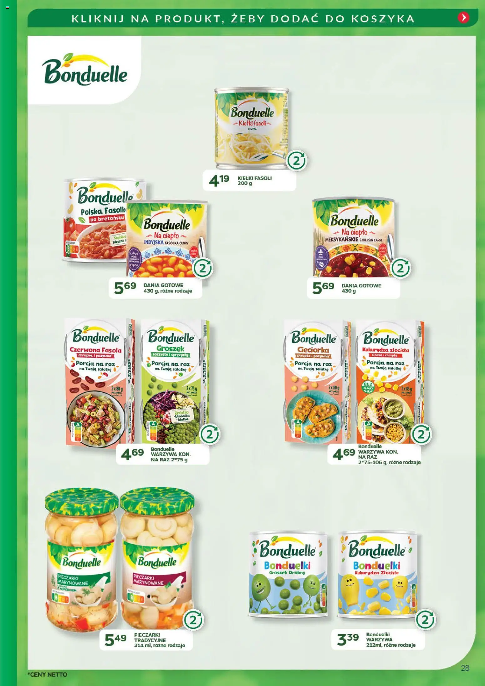 Eurocash Gazetka - Promocje na okrągło od 03.11.2025 | Strona: 28 | Produkty: Pieczarki, Cieciorka, Bonduelle kiełki fasoli mung, Dania gotowe
