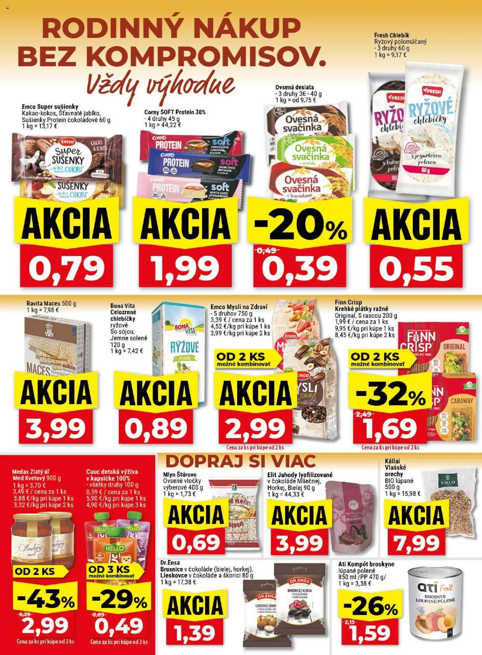 Nové Klas akcie – leták je platný od 20.04.2026 | Strana: 13 | Produkty: Vločky, Med, Broskyne, Kakao