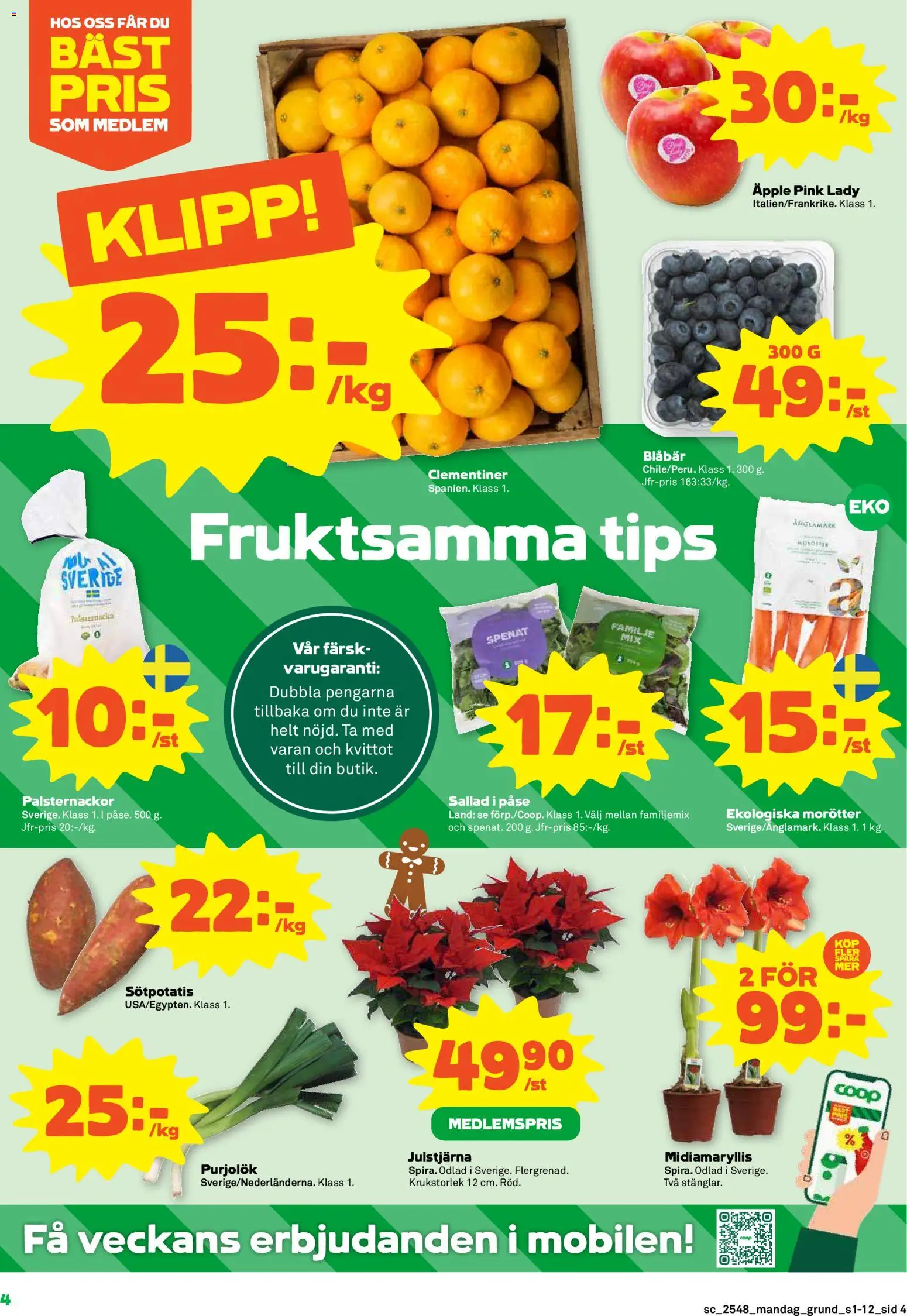 Stora Coop reklamblad aktuell från 24.11.2025 | Sida: 4 | Produkter: Spenat, Äpple, Sallad, Blåbär